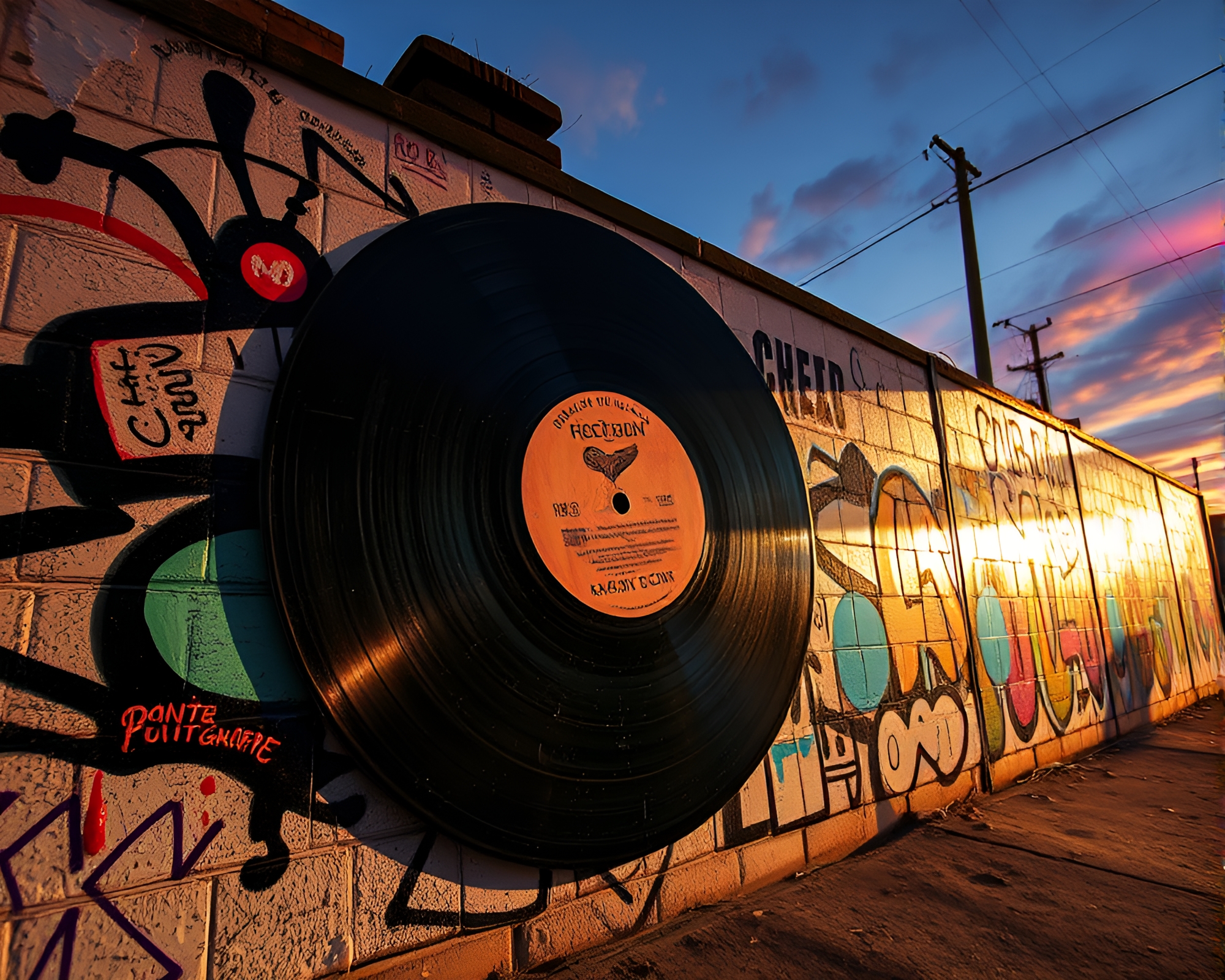 Gritty Vinyl Record Mural in Cool Dawn Light – free AI stock image