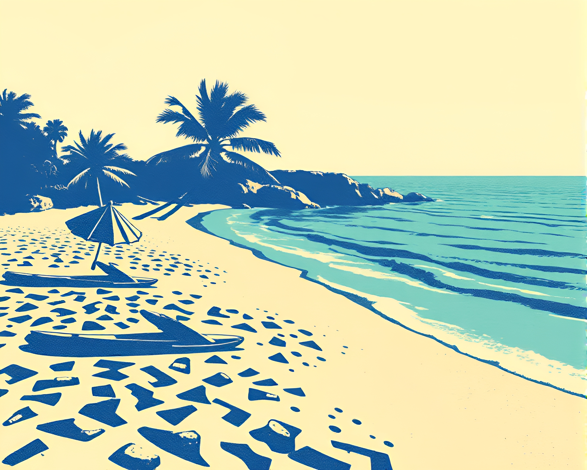 Sunset Mystery: Toon Beach Scene with Grain Overlay – free AI stock image