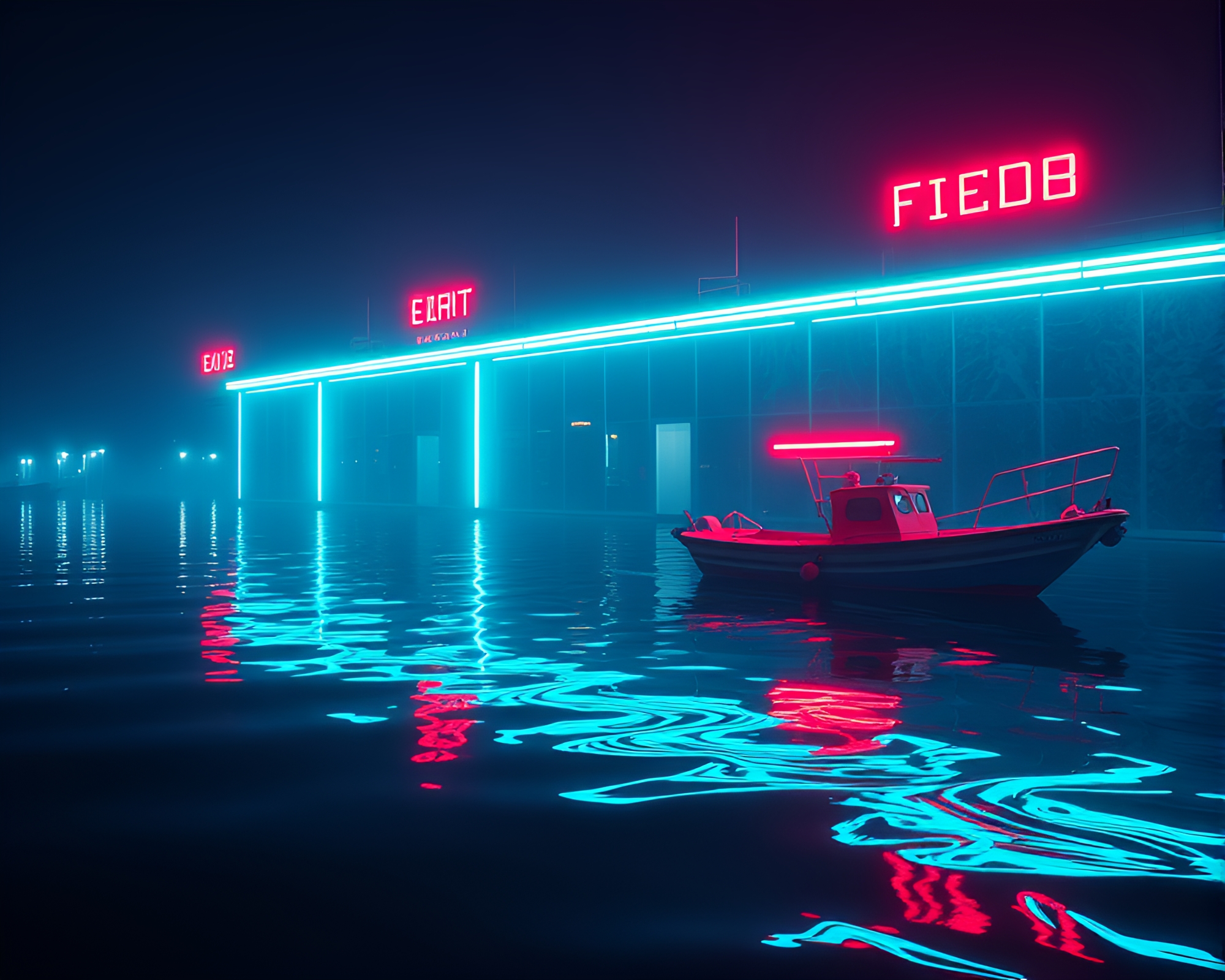 Submerged neon cityscape: photogrammetry art – free AI stock image
