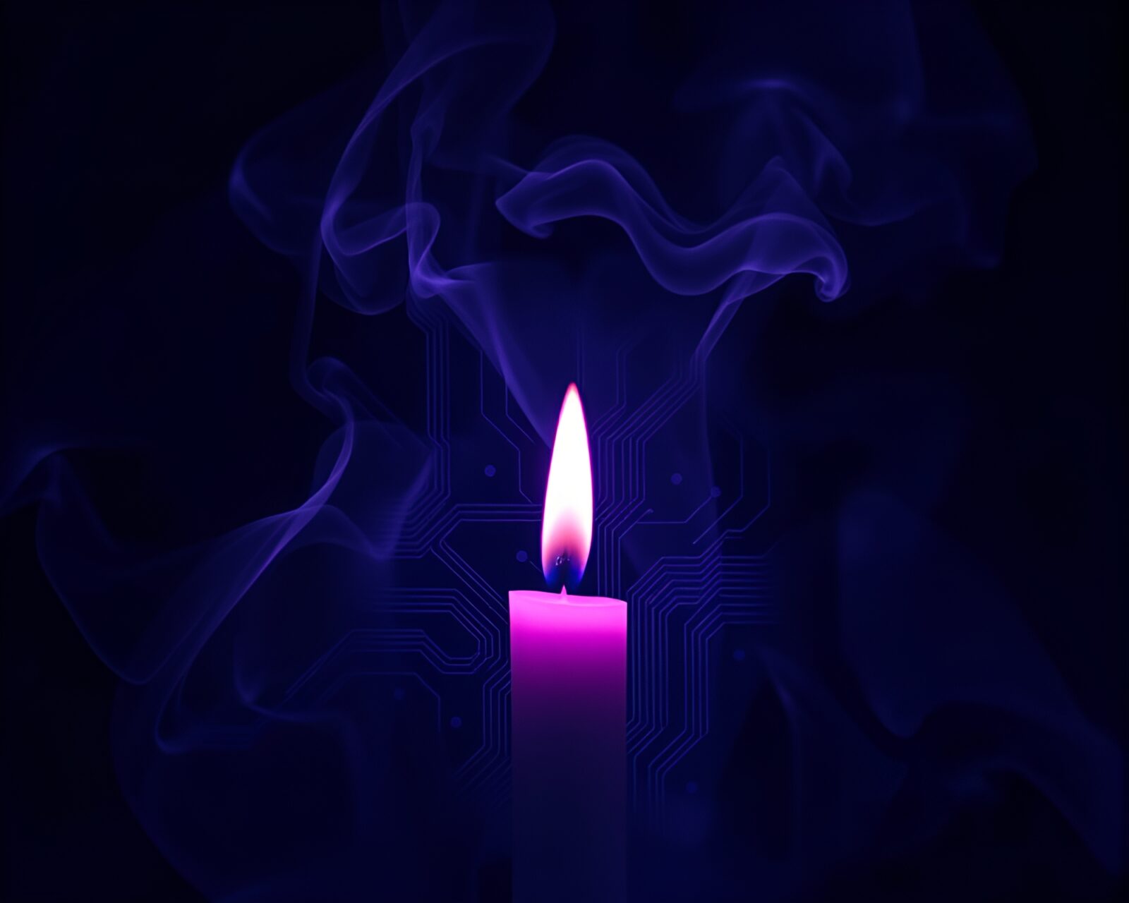 Circuit board pattern intertwined with violet candle smoke