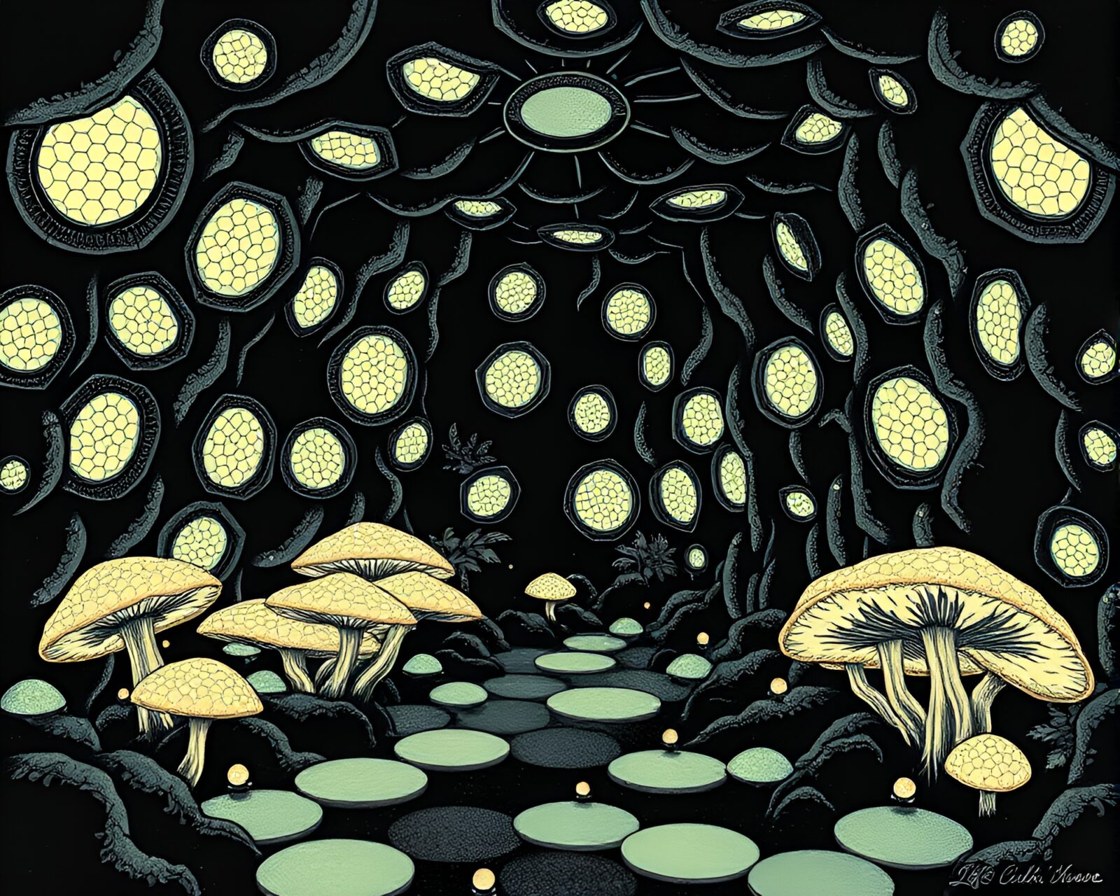 Dark basement with illuminating fungal hexagons linocut art