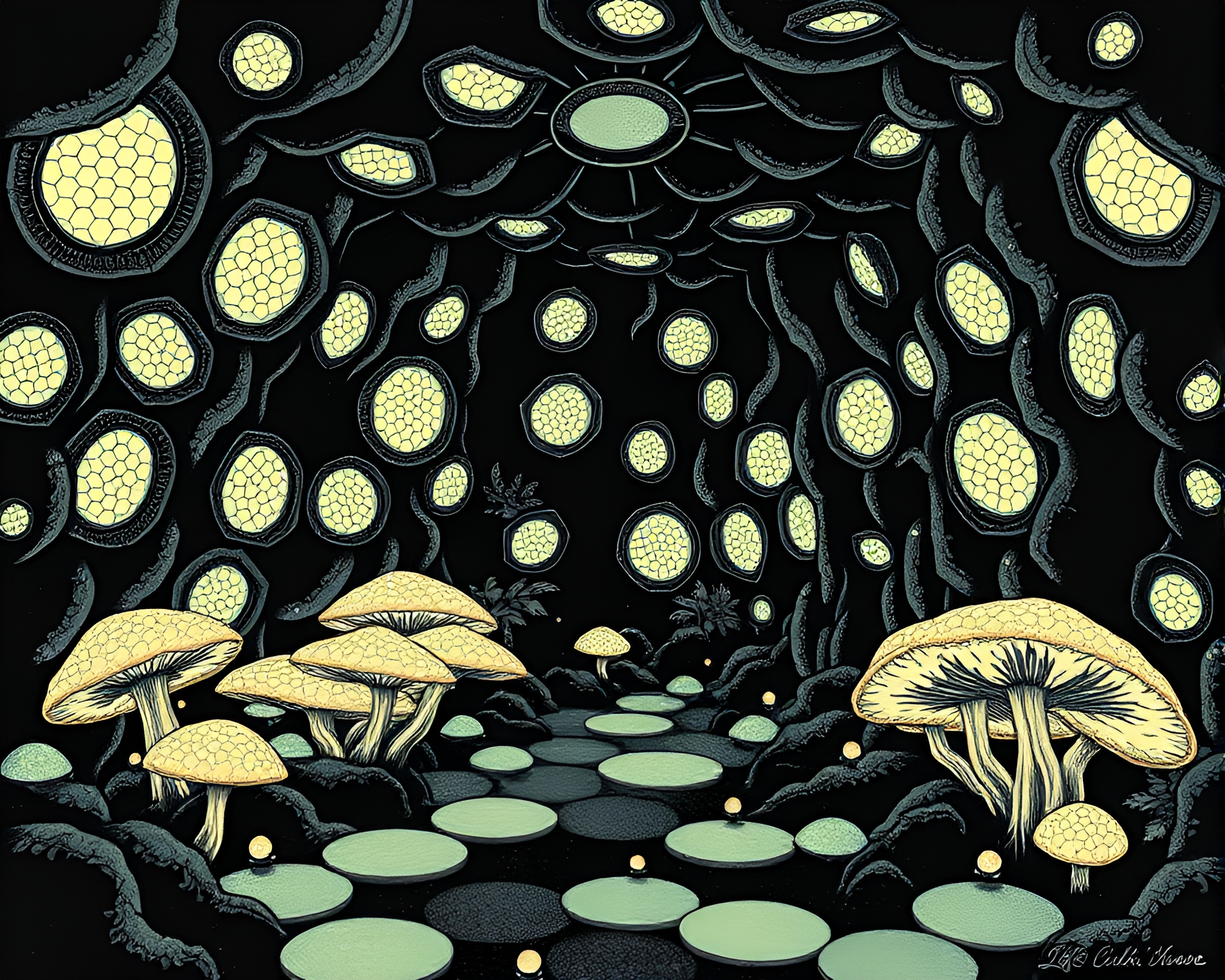 Glowing Fungal Hexagonal Linocut Print – free AI stock image