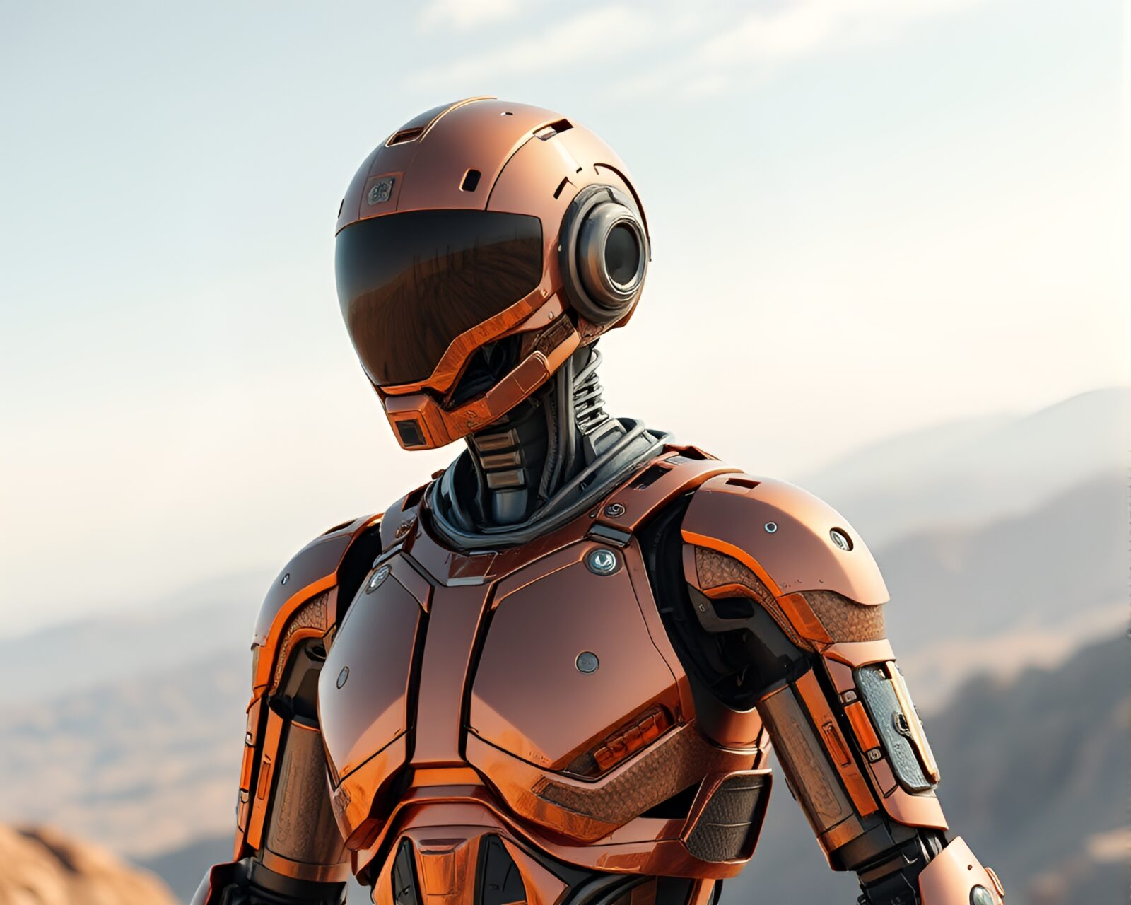 Panoramic view with copper-toned exoskeleton suit in algorithmic style