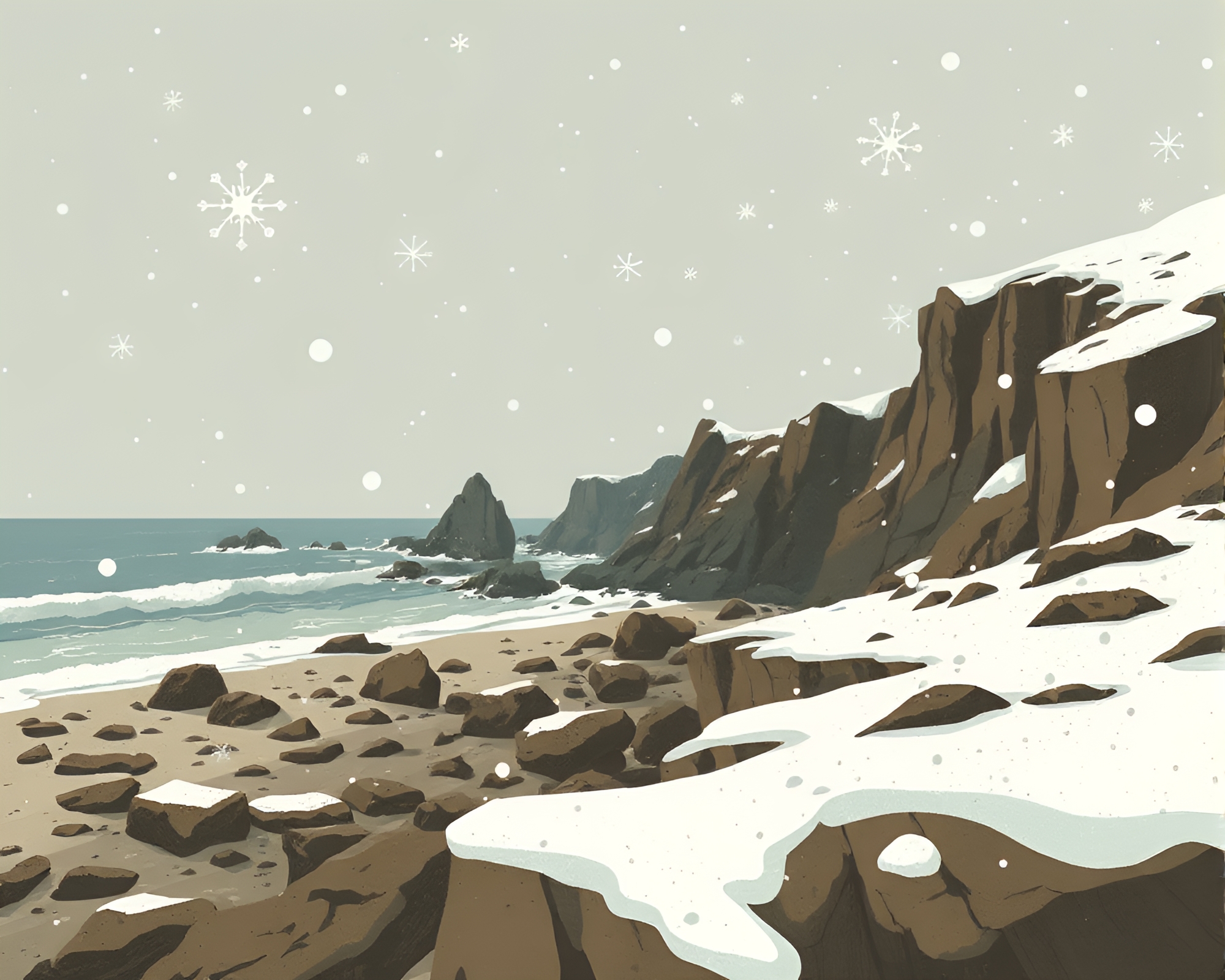Steampunk Snowflakes on Rocky Coastline Illustration – free AI stock image