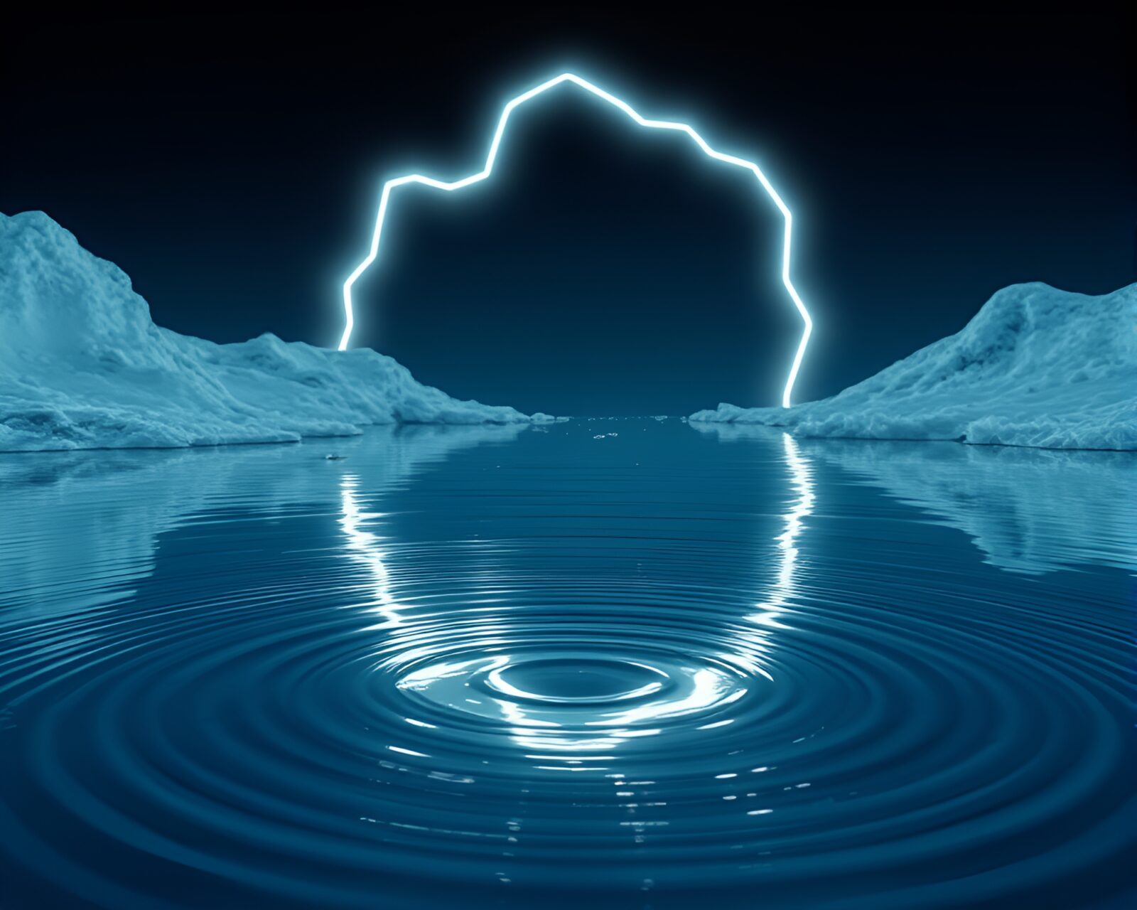 Glowing neon sign reflecting on rippling icy water