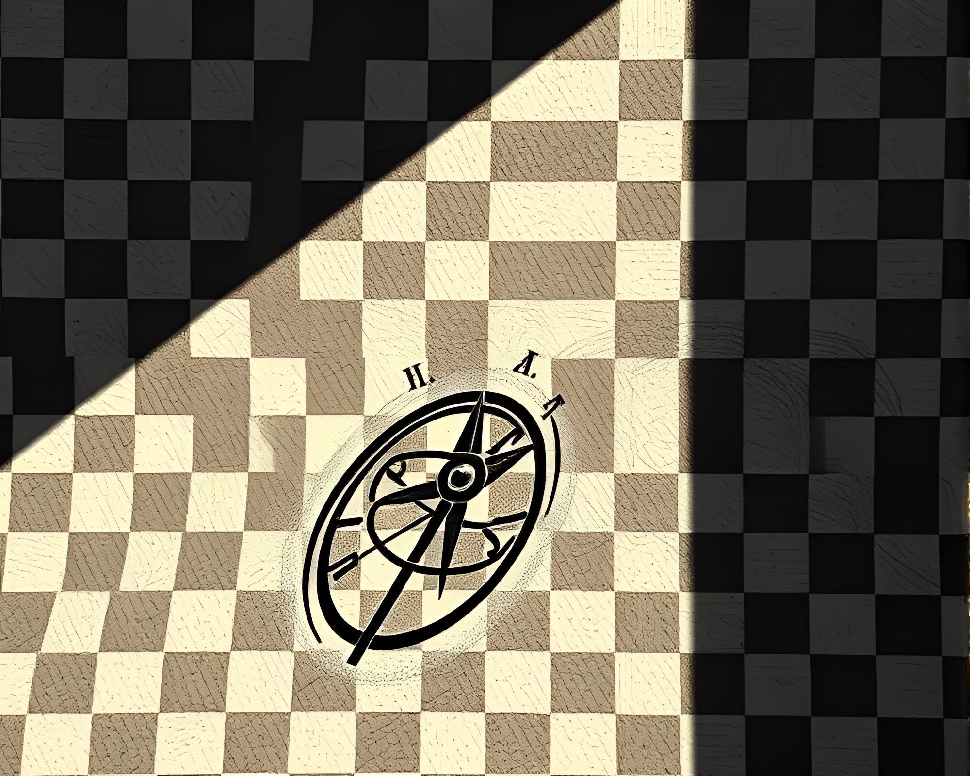 Shadowed Pocket Sundial in Checkered Illusion – free AI stock image