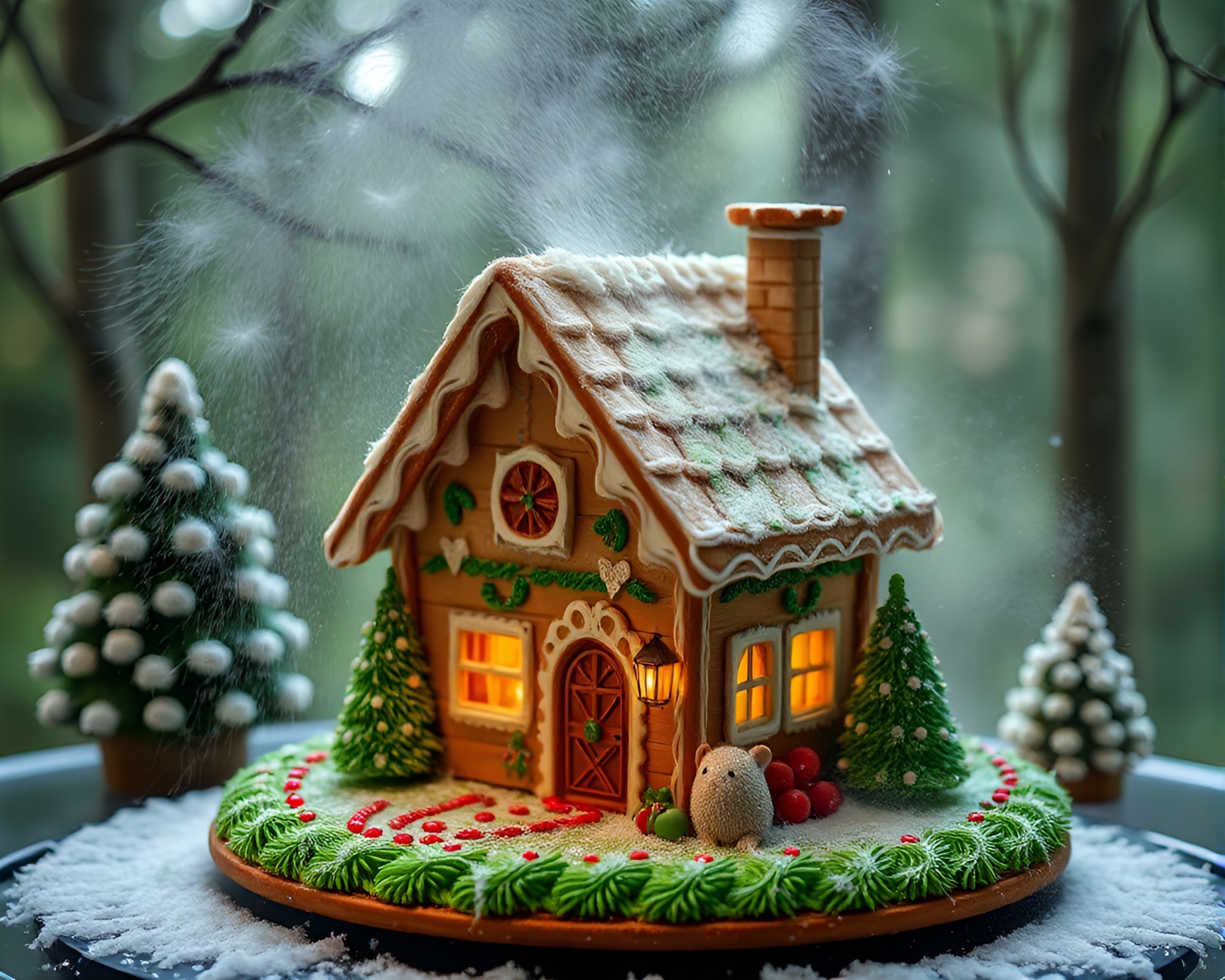 Feather Dusting Gingerbread House in Rainforest Haze – free AI stock image