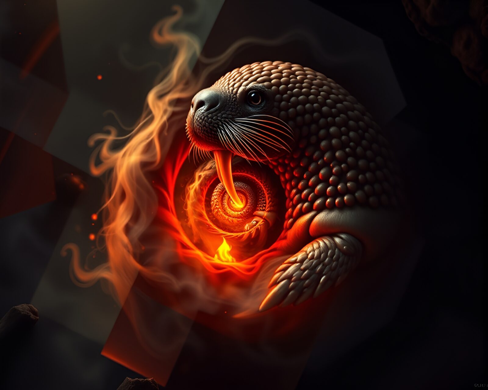 Fibonacci spiral with walrus in warm hatching light