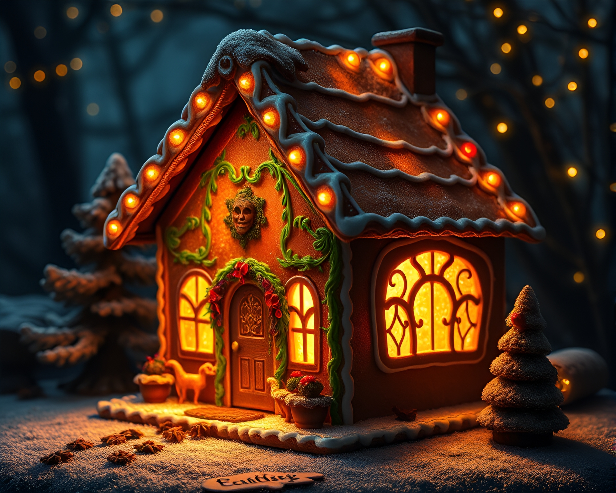 Enchanted Gingerbread House Surrounded by Leaf Litter Light Leaks – free AI stock image