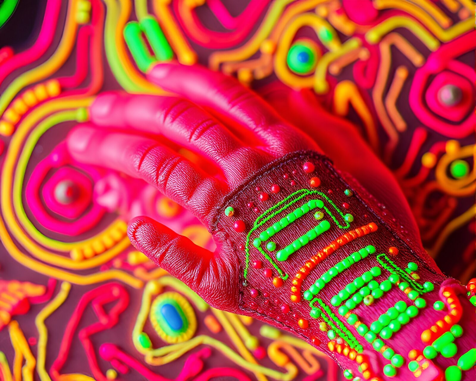 80s VHS style image of cybernetic hand with embroidered detail