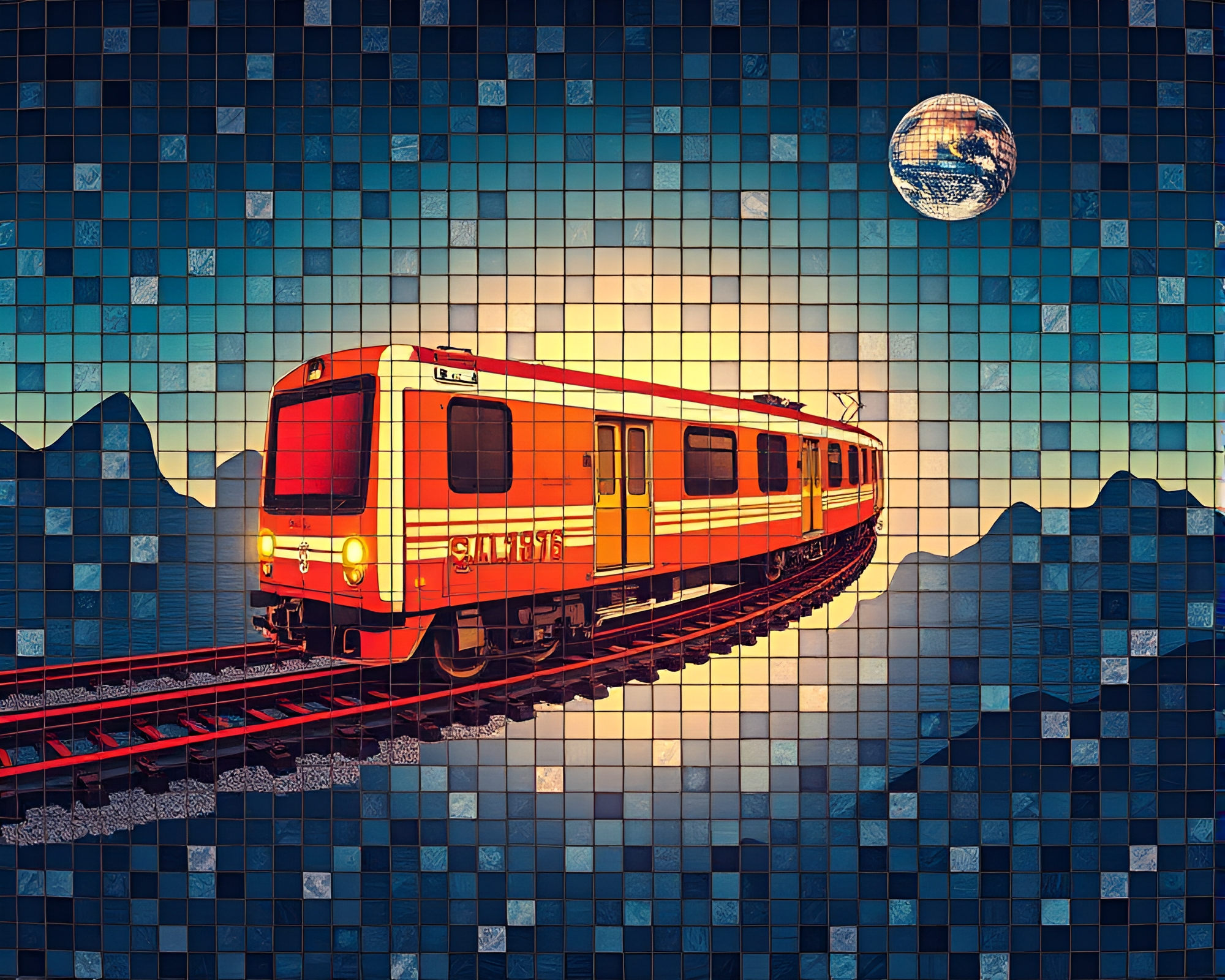 Surreal earth-tone mosaic of levitating train – free AI stock image