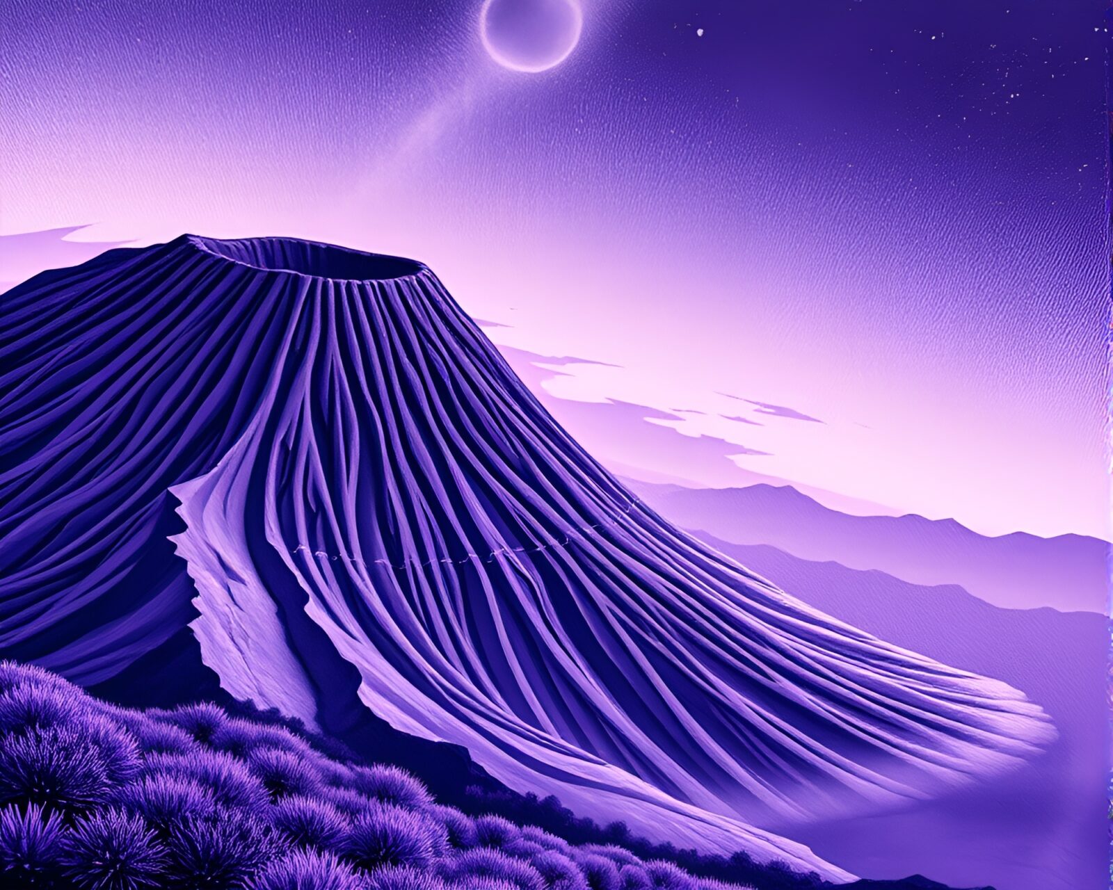 Crosshatch-shaded Fibonacci spiral surrounding a lavender-lit volcano crater