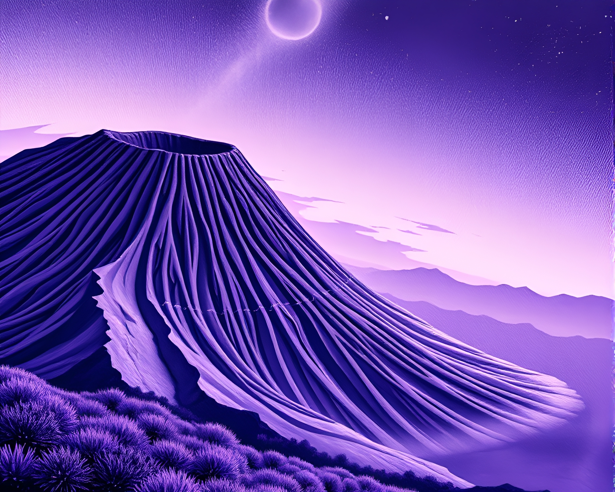 Fibonacci Spiral Cradling Lavender Volcano at Twilight – free AI stock image