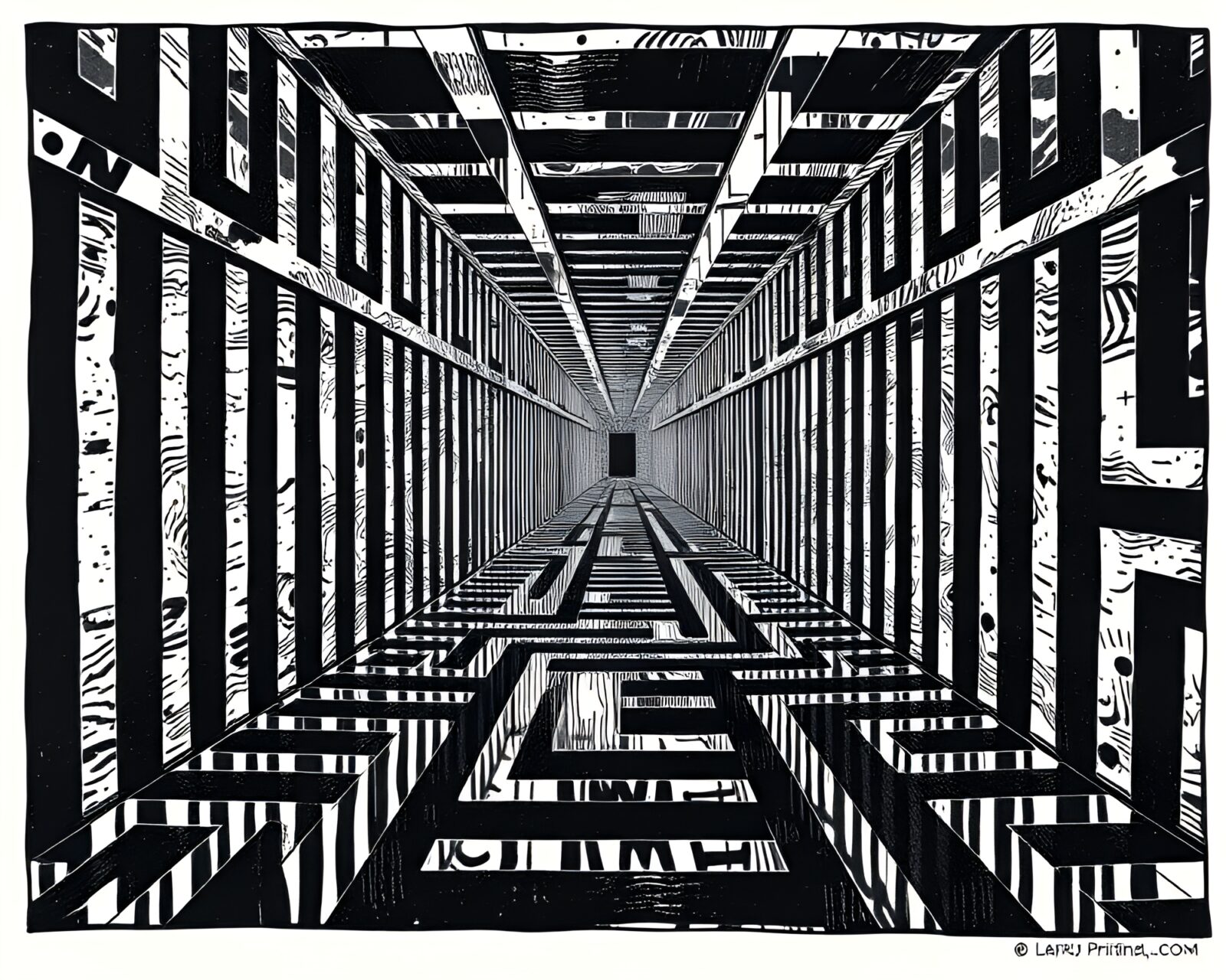 Abstract linocut textures merging into a mirror maze environment