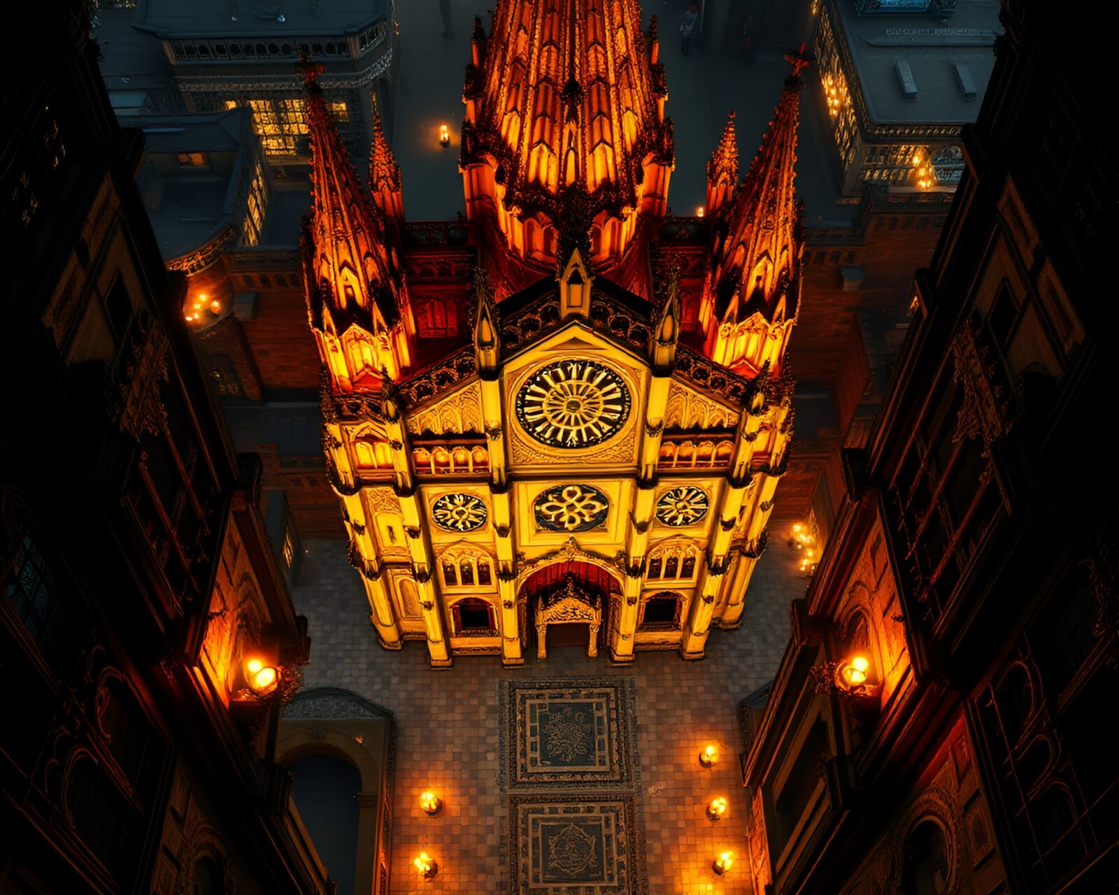 Mosaic lighting casting intricate patterns on soaring cathedral architecture