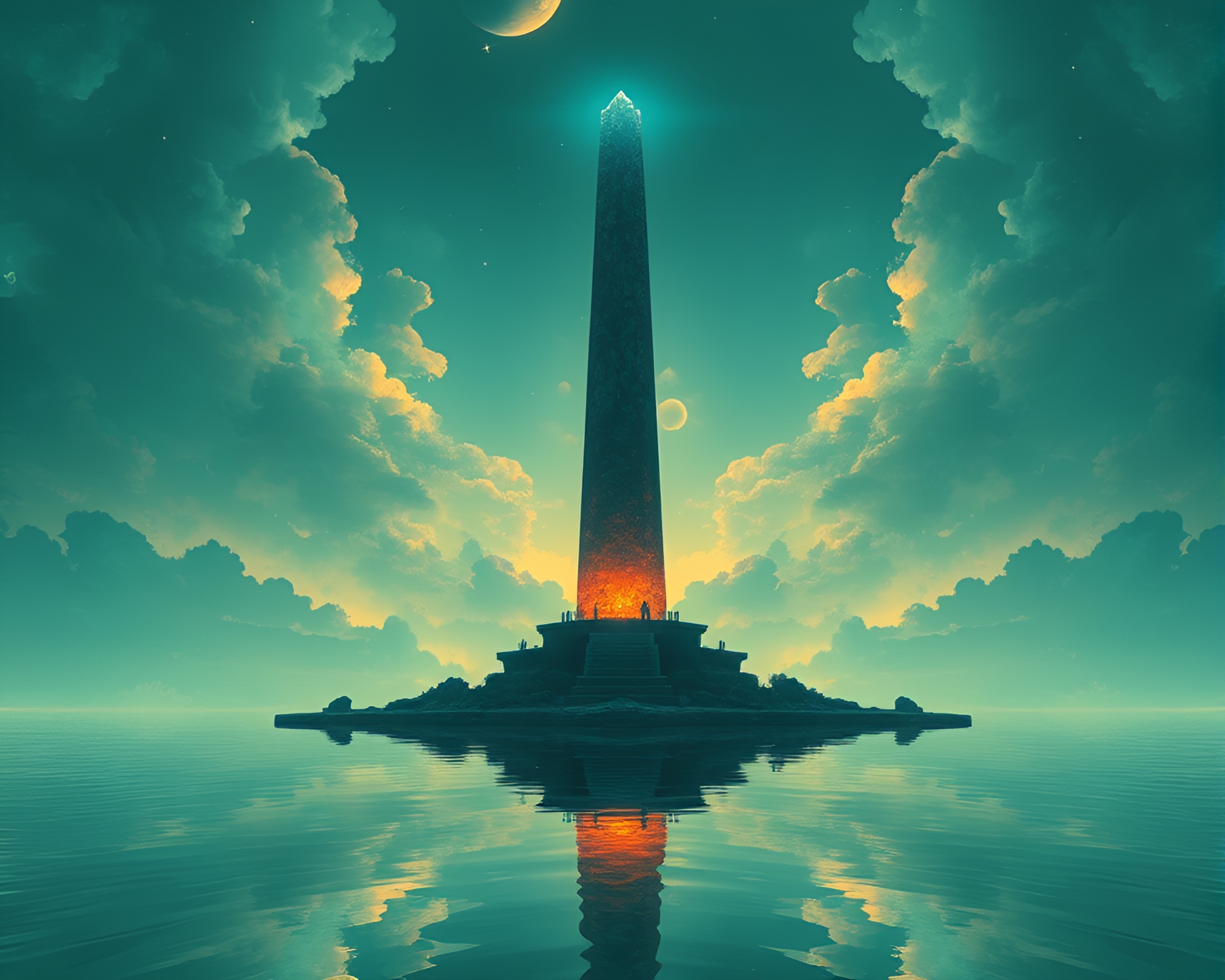Teal Serenity: Fantasy Obelisk Reflections – free AI stock image