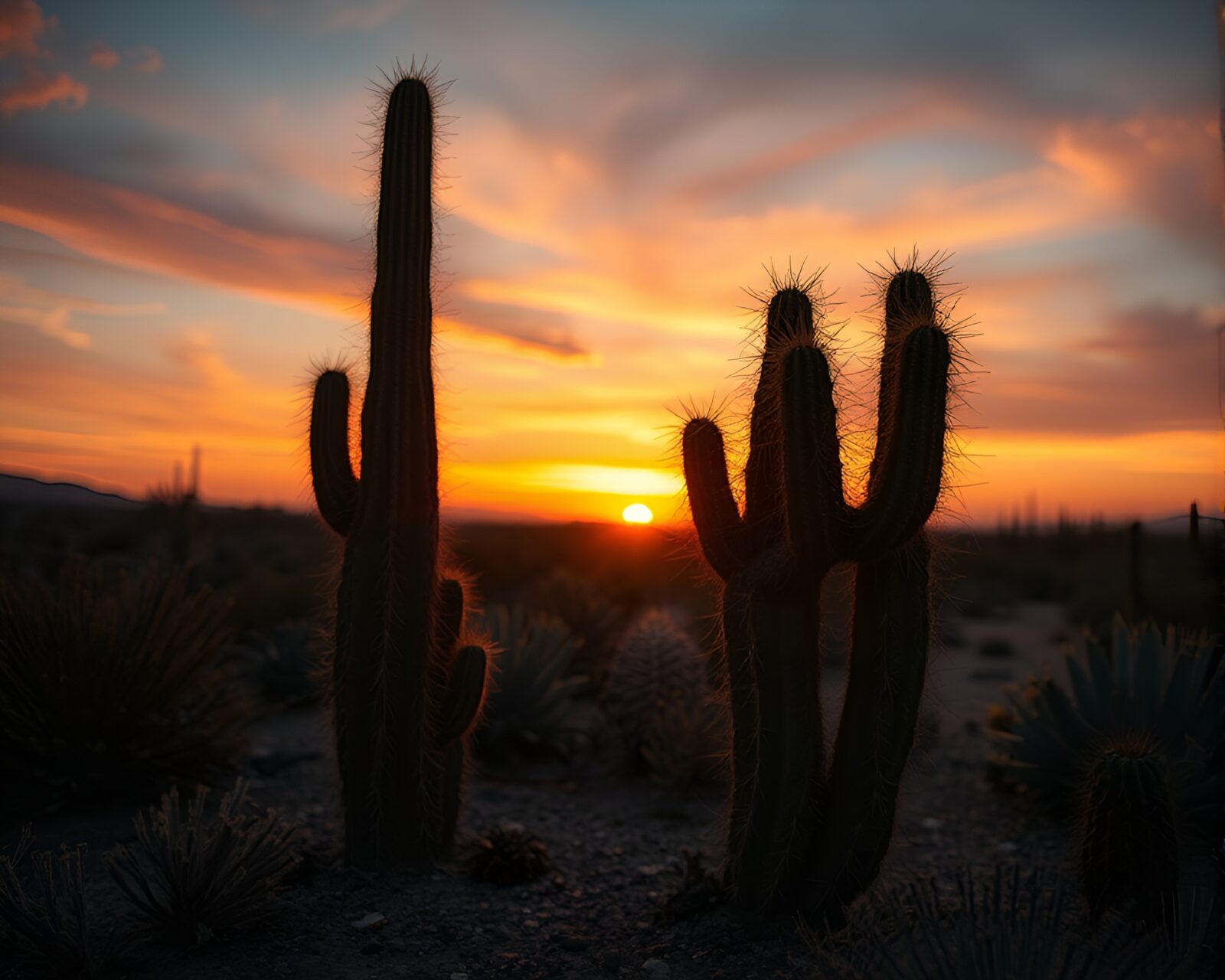 A sunset-lit circuit board interwoven with desert cacti