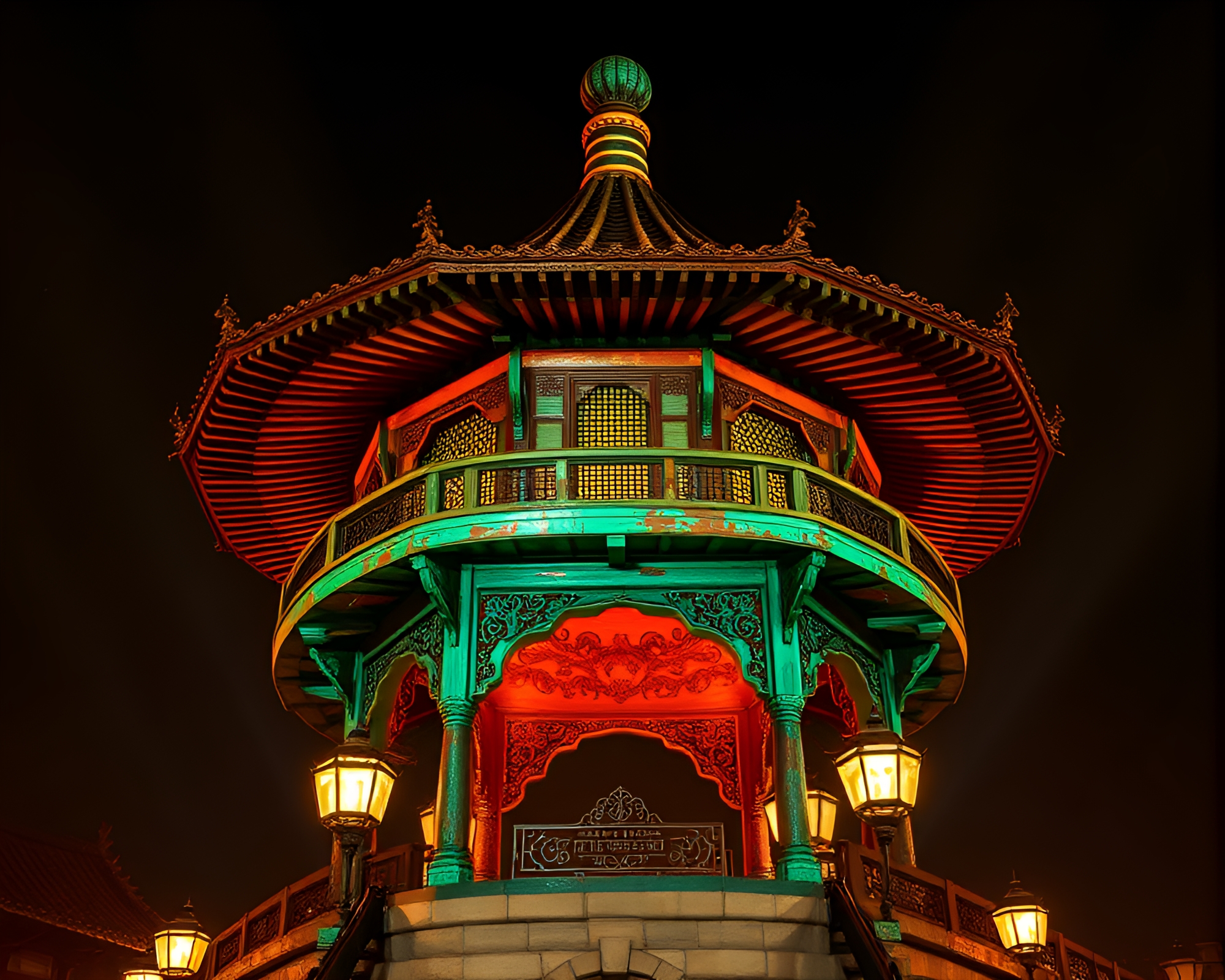Copper Pagoda under Theatrical Collage Lights – free AI stock image