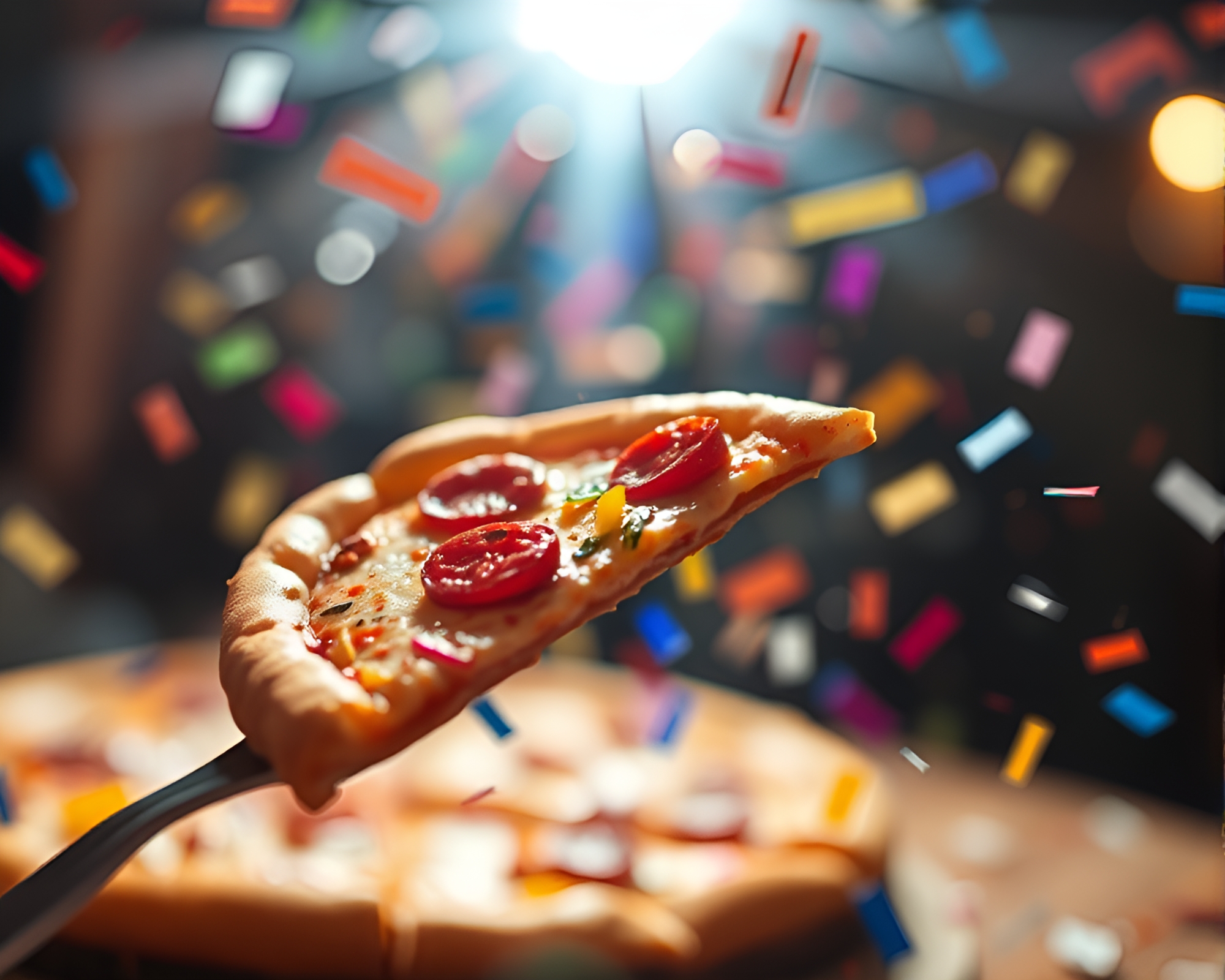 Swirled pizza slice in confetti color burst – free AI stock image