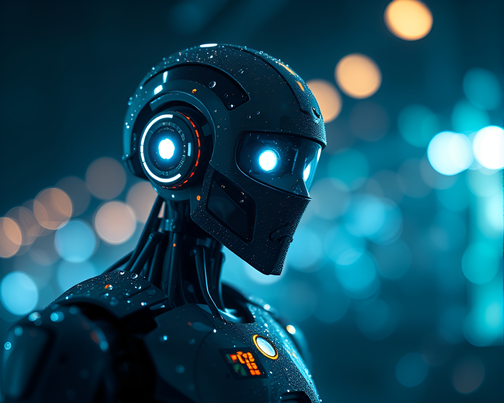 Futuristic Robot with Dew Drop Bokeh Lights – free AI stock image