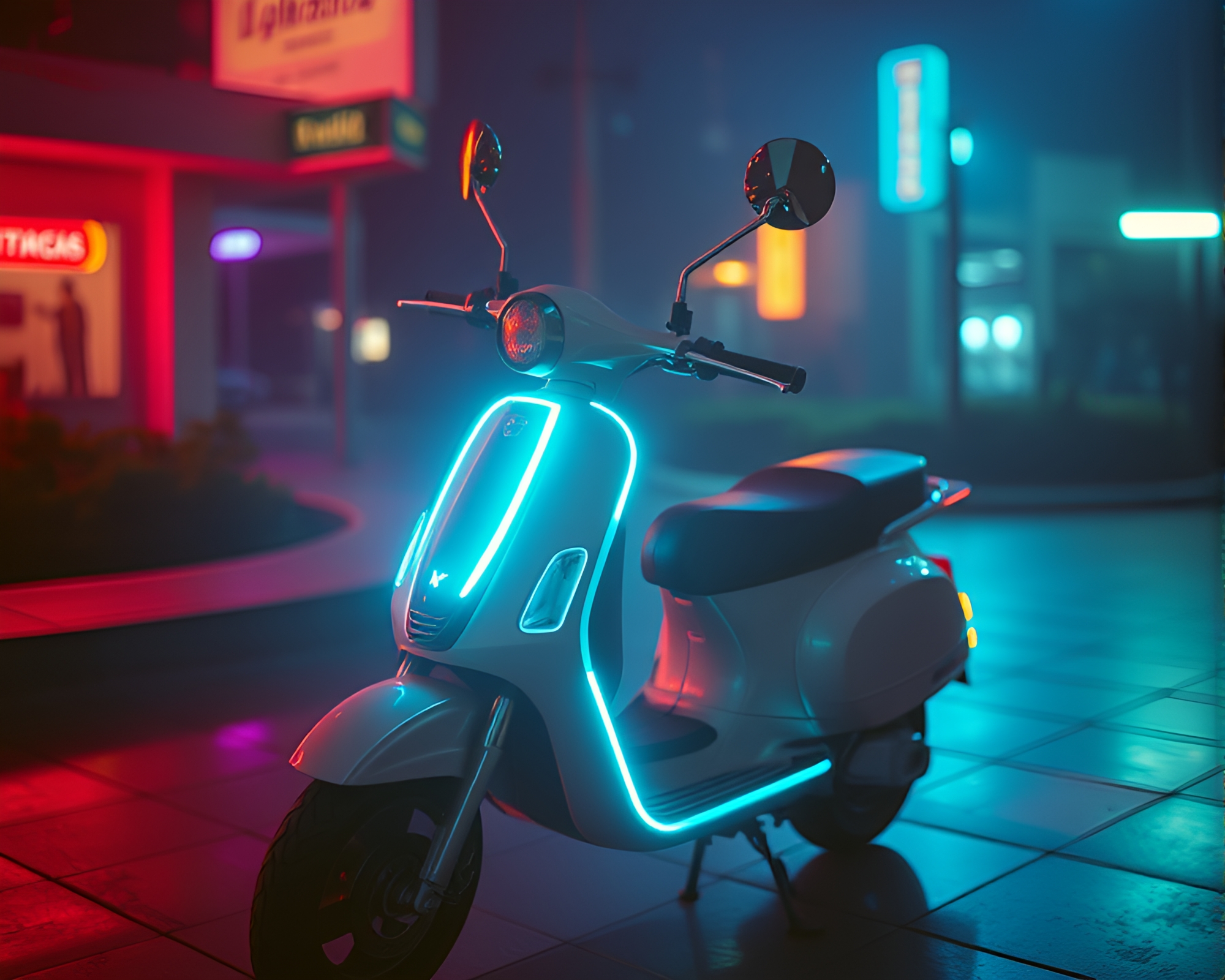 Neon Light Leaks on Electric Scooter in 80s Style – free AI stock image