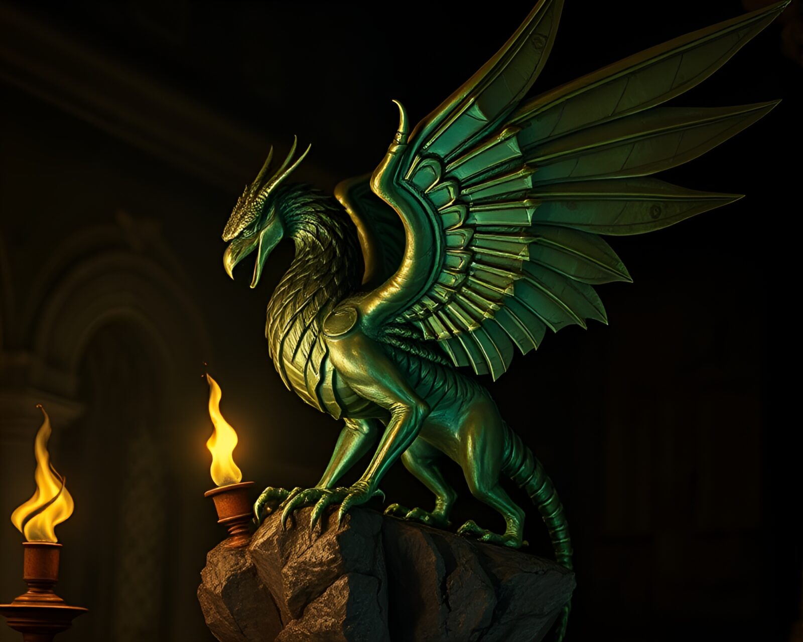 Statue of a Gryphon with bronze patina in dimly lit dungeon