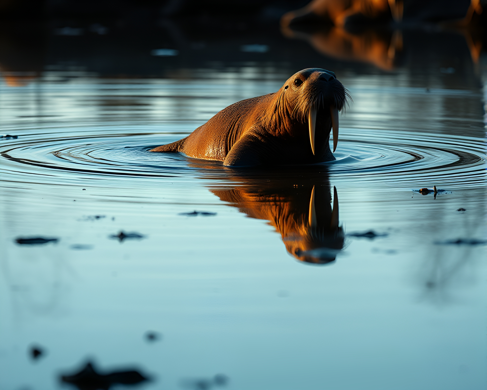 Walrus Reflection in Magical Puddle with Firefly Glow – free AI stock image