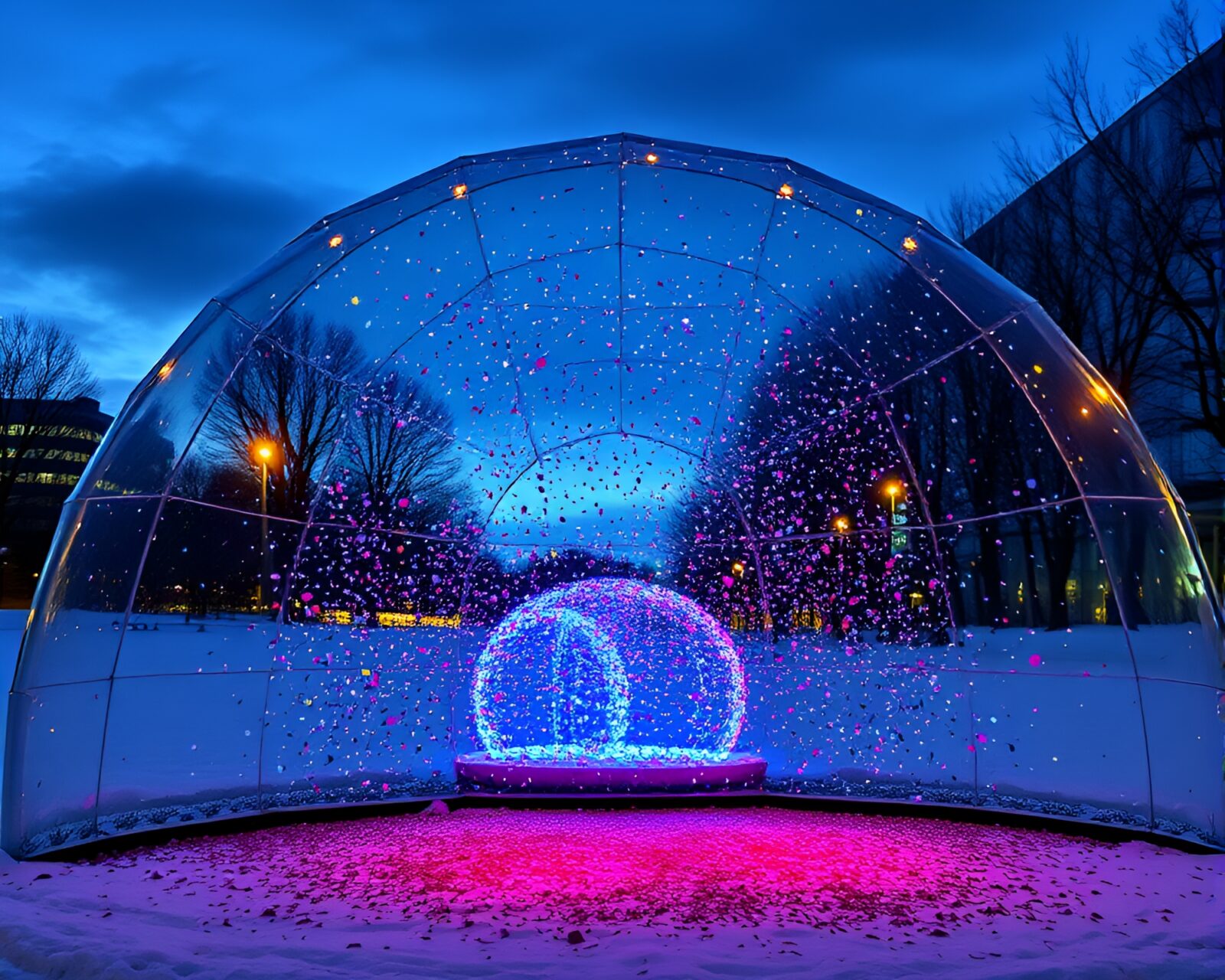 Colorful confetti explosion in glass igloo mural at twilight
