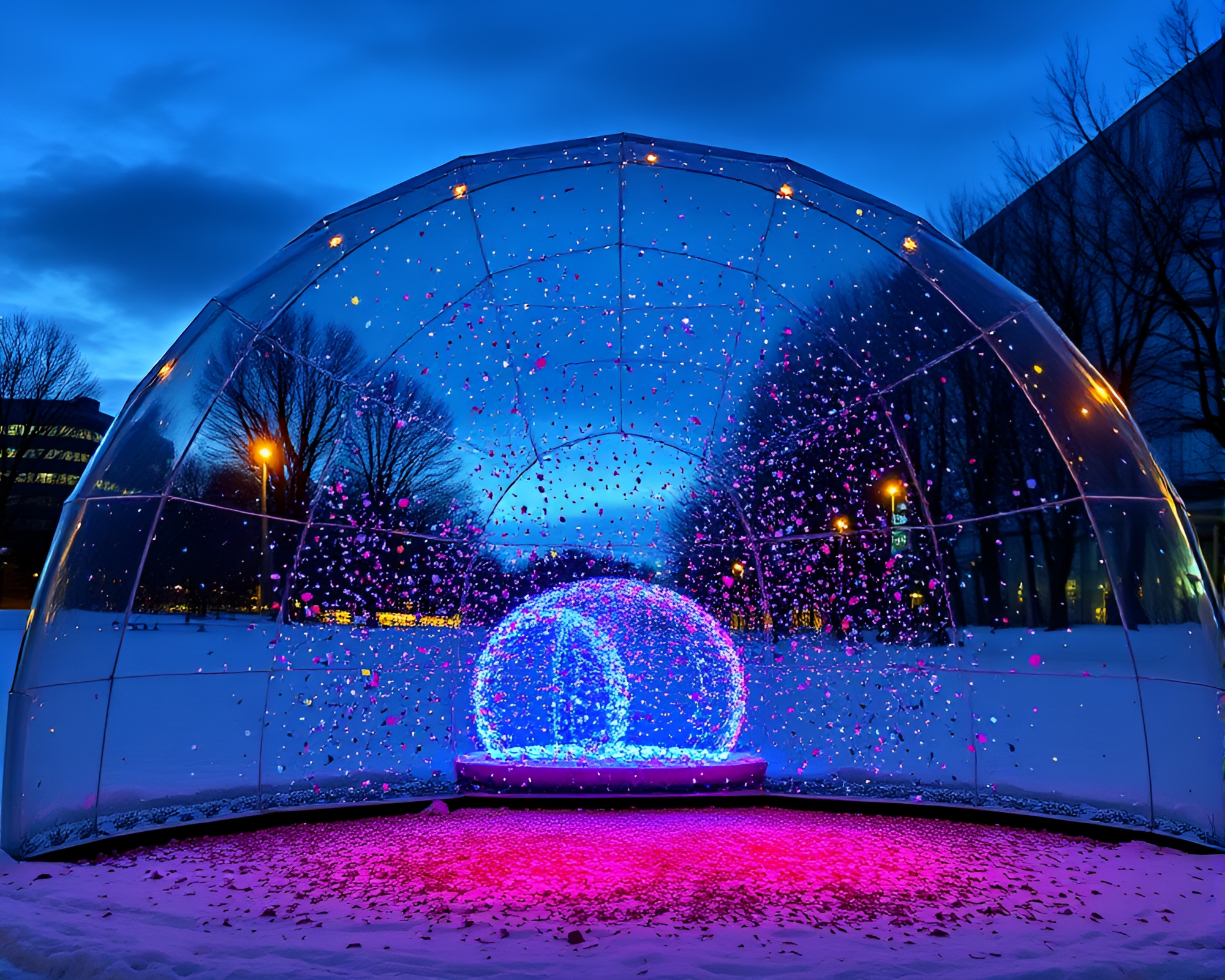 Glass Igloo Mural in Blue Hour Confetti Burst – free AI stock image