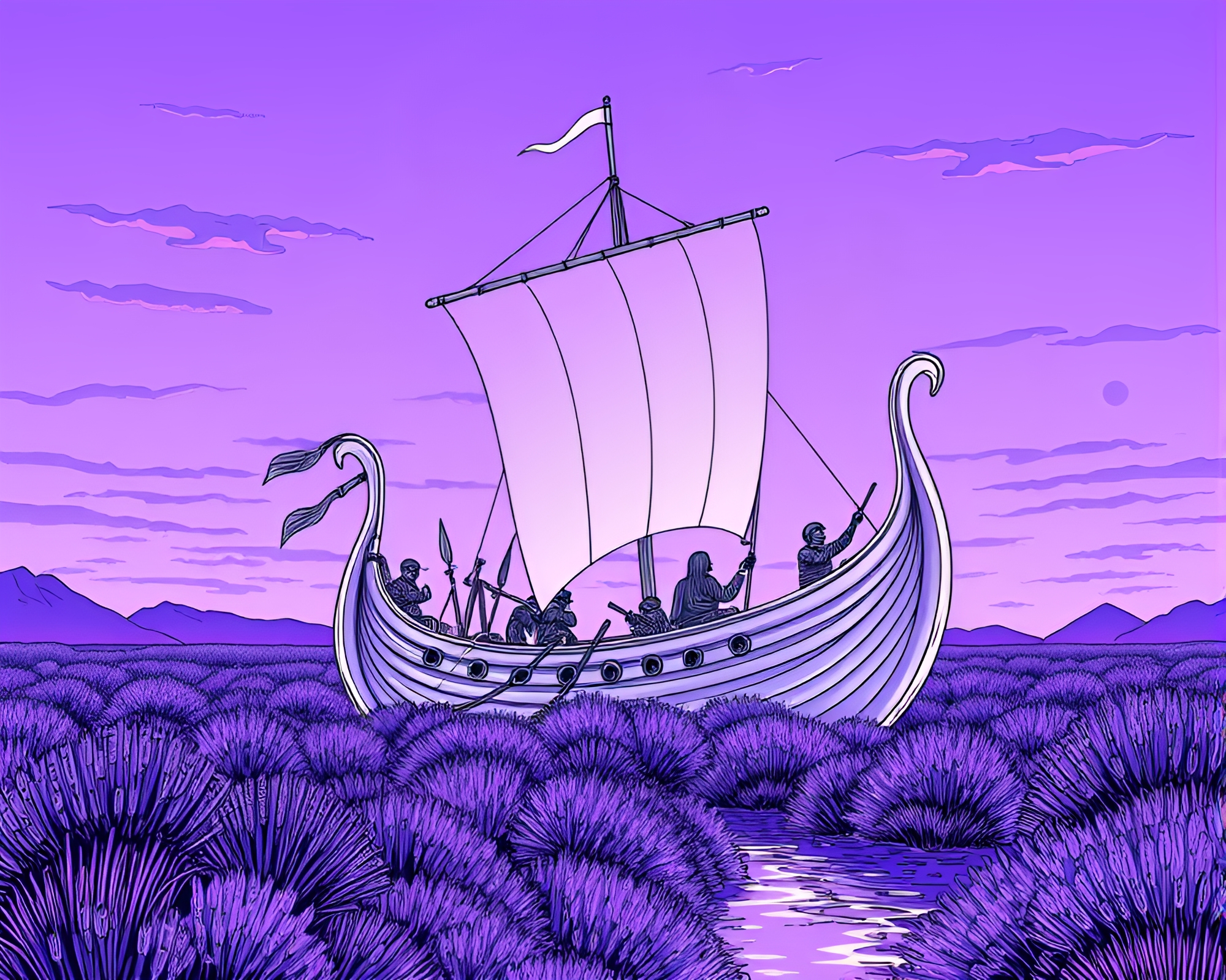 Viking Longship Emerging in Lavender Twilight Line Art – free AI stock image