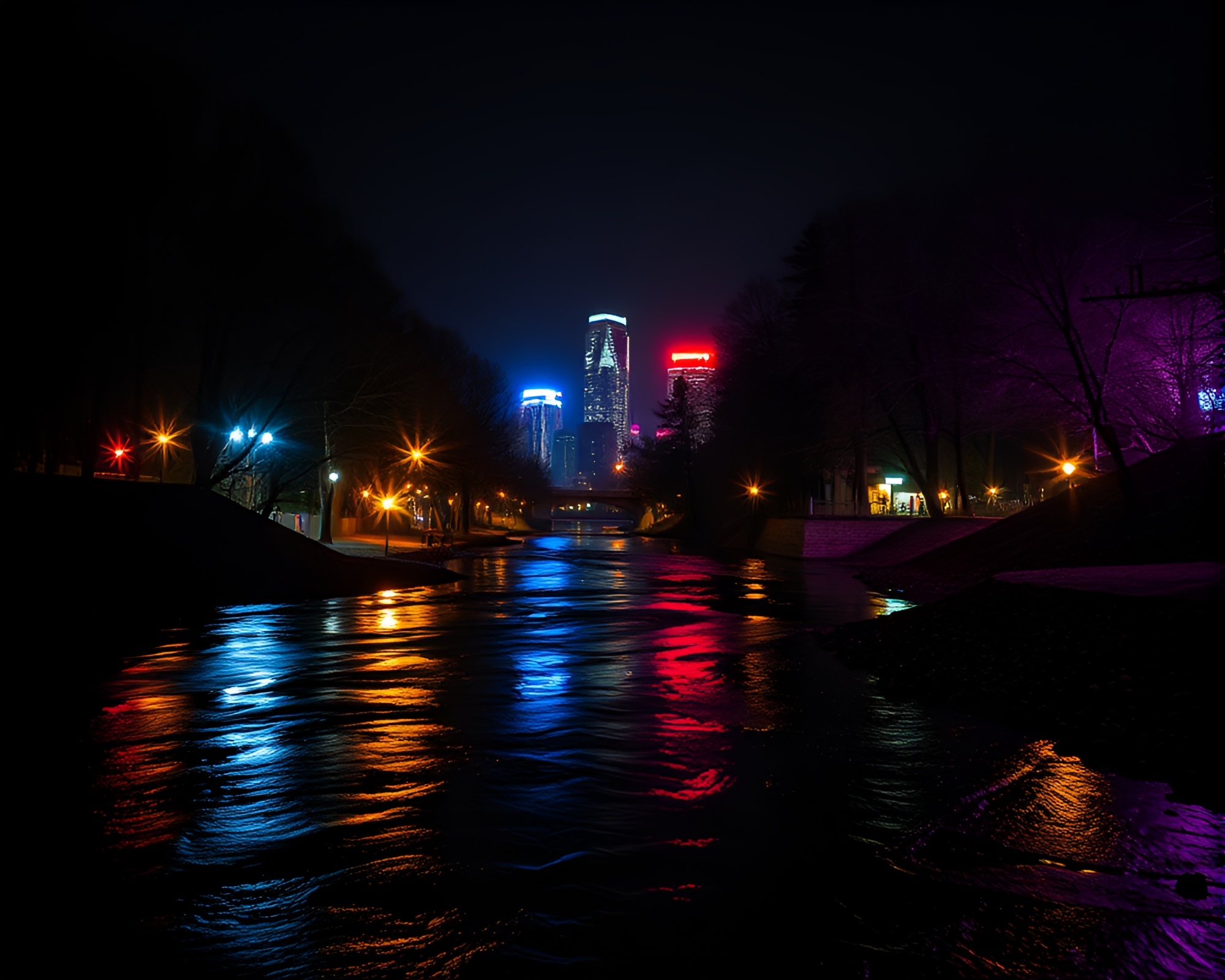 Savage River neon glow captures light and shadow contrast – free AI stock image