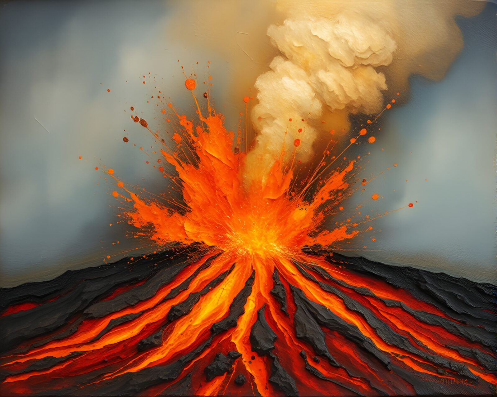 Abstract encaustic painting of volcanic eruption with earth tones