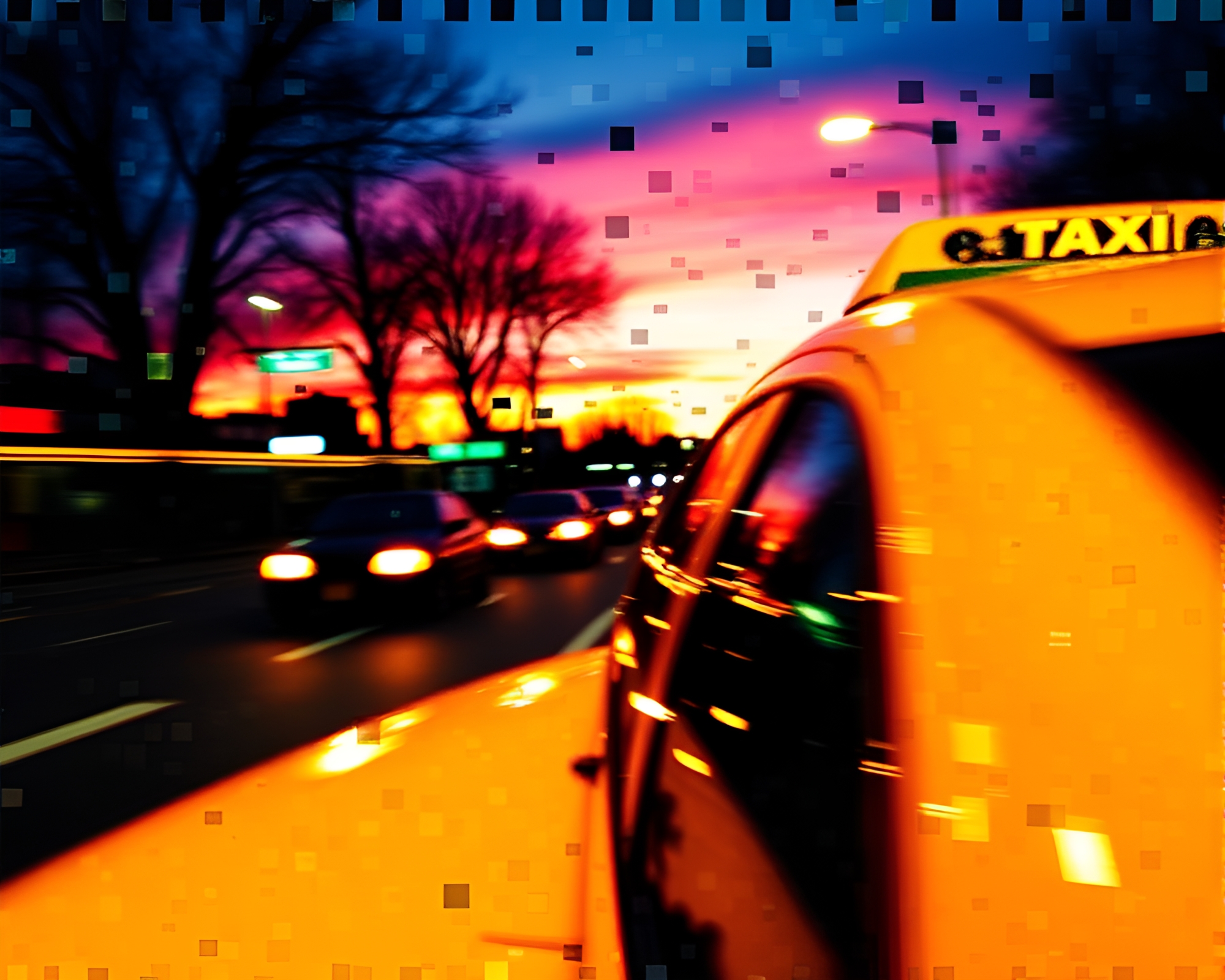 Sunset Taxi Blur in Mosaic Underground Bunker – free AI stock image