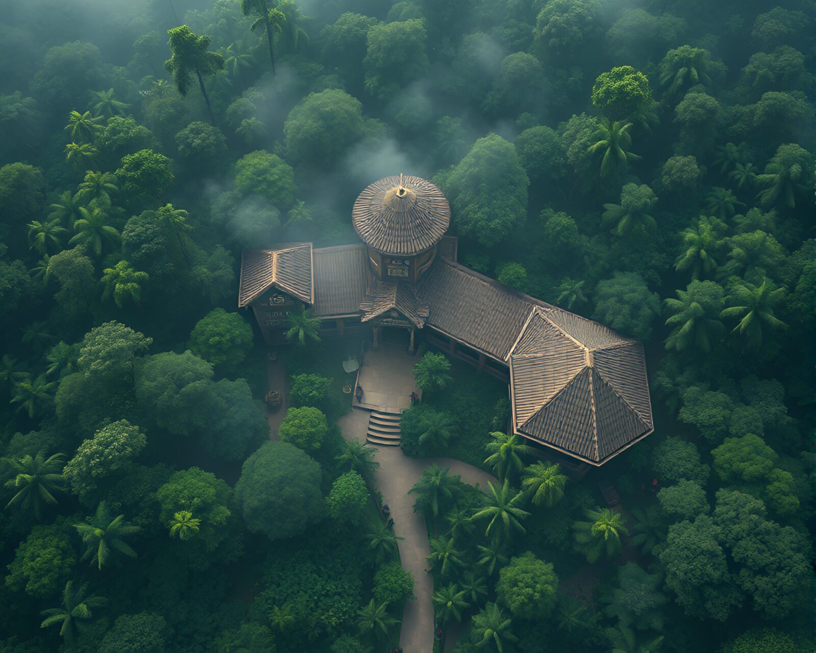 Architectural rendering of a tiger in lush, misty rainforest