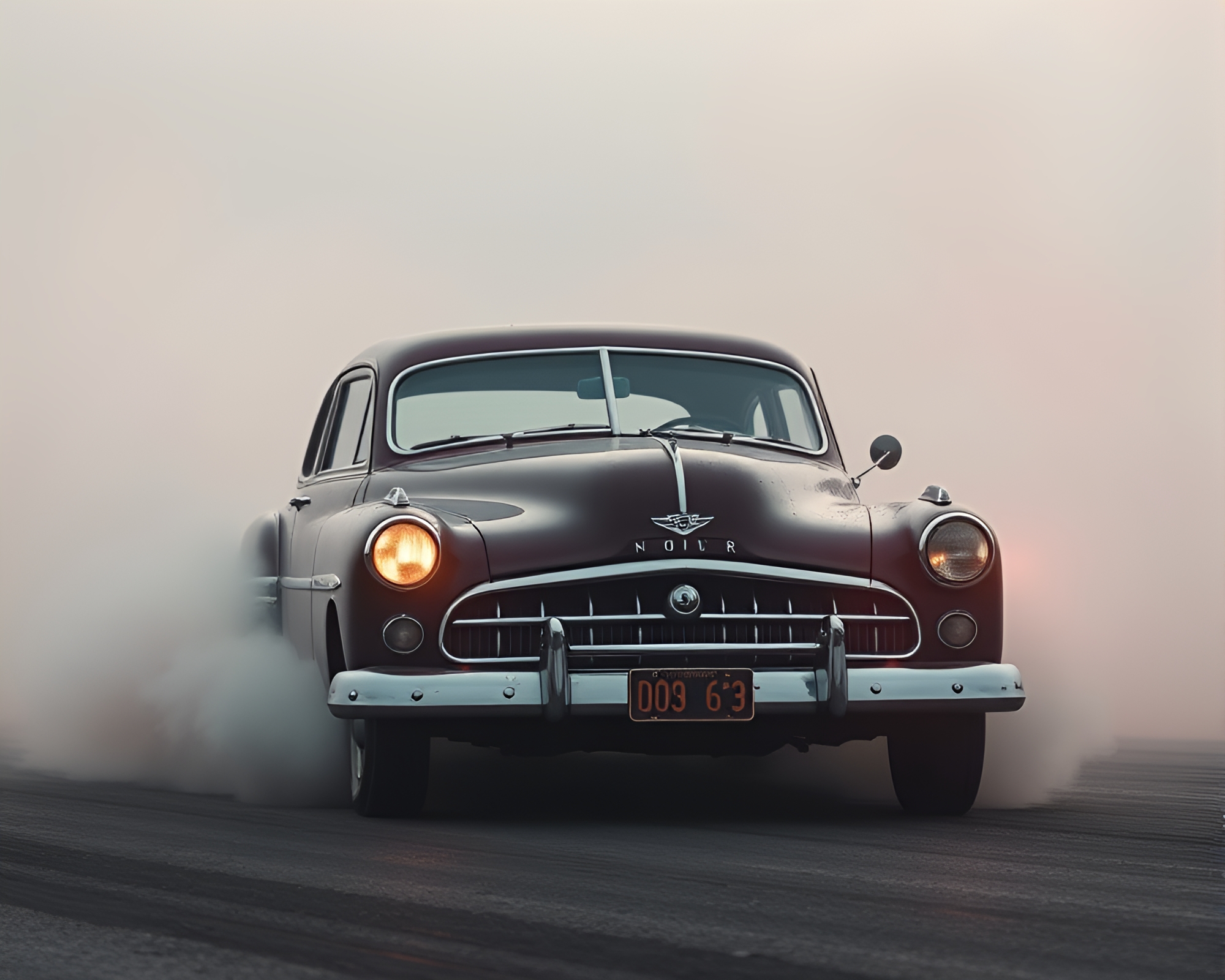 Vintage Car in Retro Futurism Fog Drifting Scene – free AI stock image