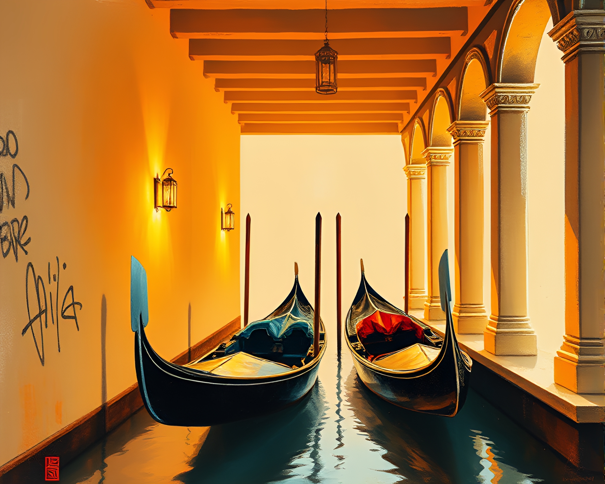 Minimalist Venetian Gondola Glowing in Graffiti Porchlight – free AI stock image