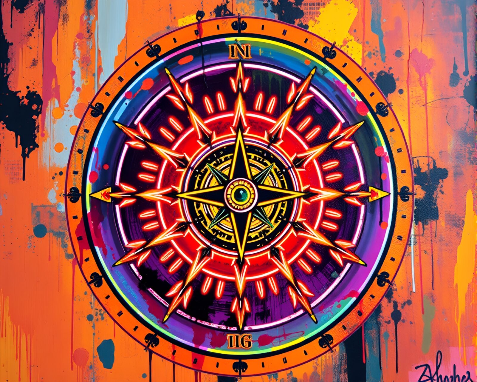Acrylic painting of a pocket sundial with vibrant neon colors