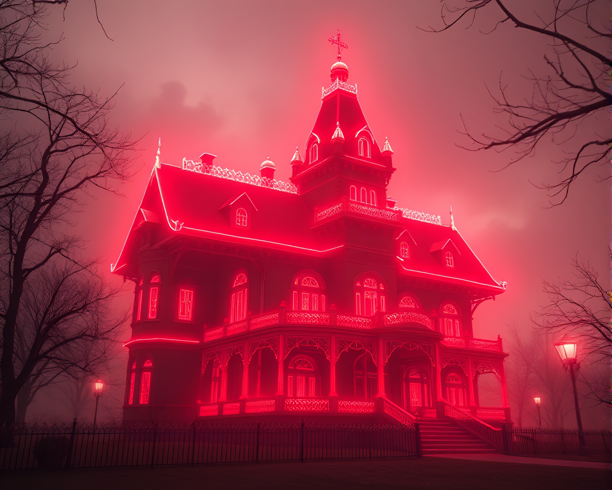 Ethereal Neon Wireframe Surrounds Necromantic Neo-Gothic Mansion – free AI stock image
