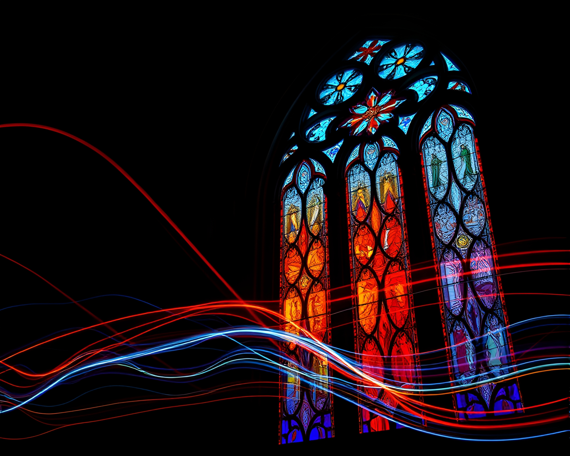 Ethereal Light Trails Through Stained-Glass Fantasy Window – free AI stock image