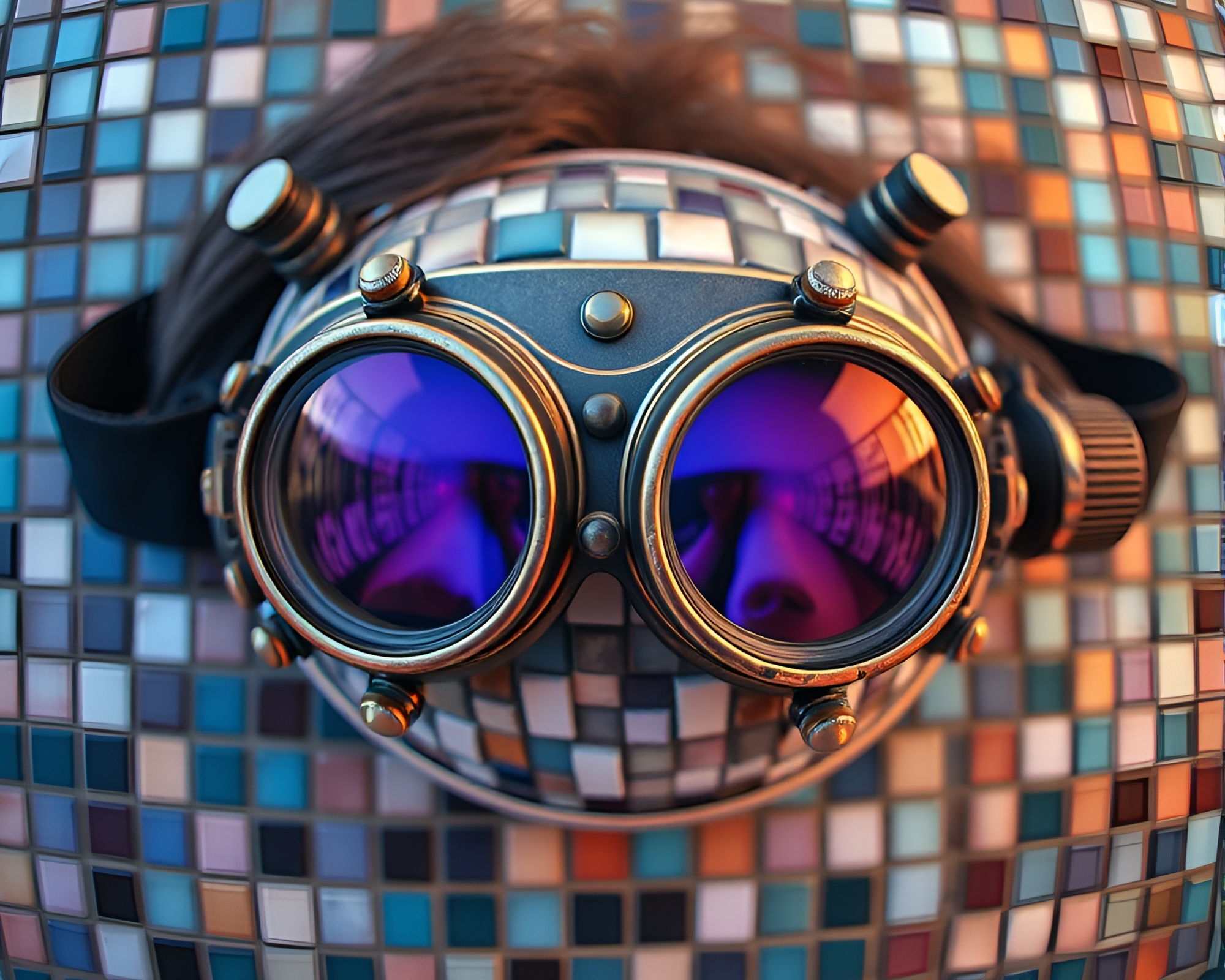 Steampunk Goggles Mosaic on Pastel Planetary Landscape – free AI stock image