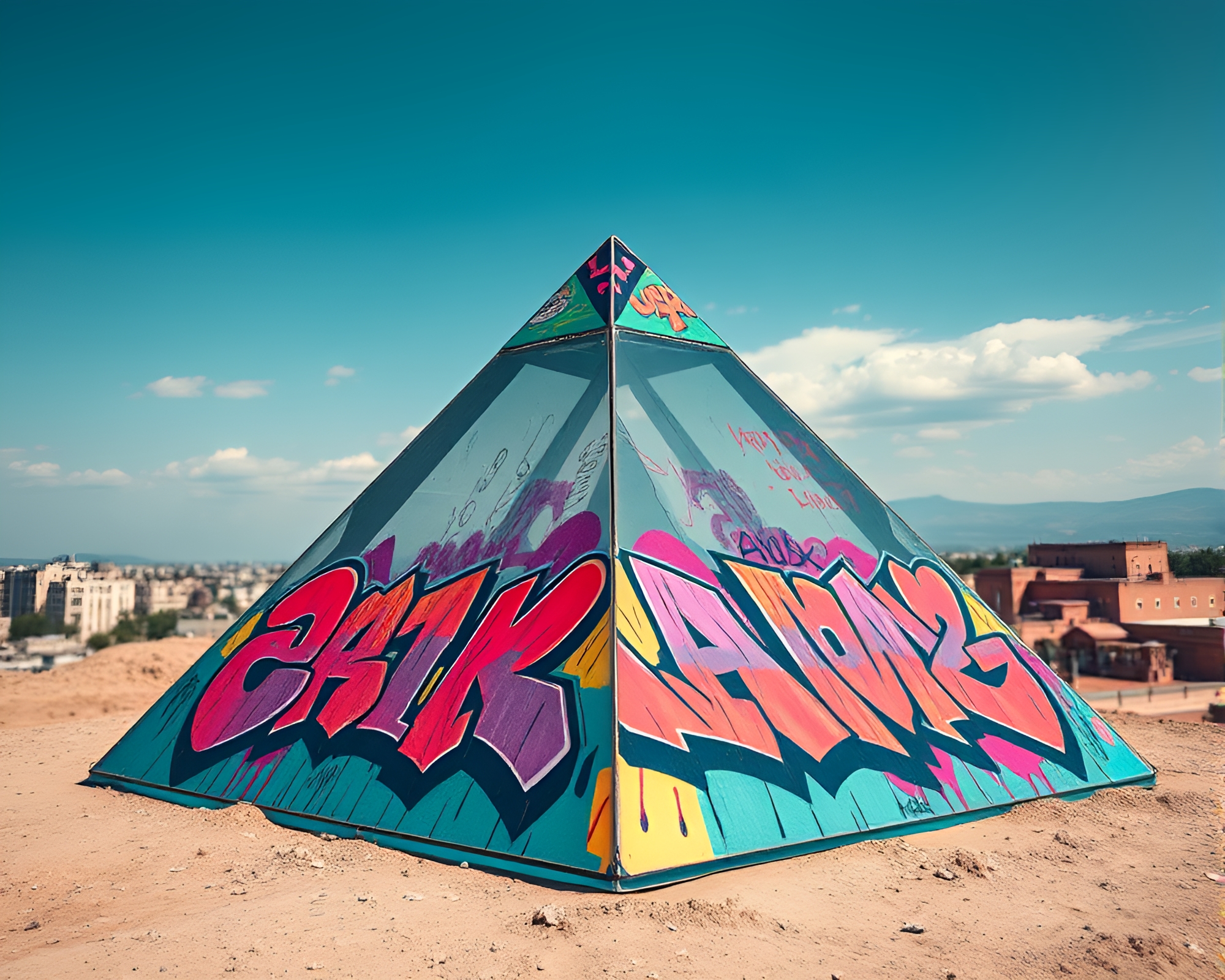 Futuristic Glass Pyramid Covered in Graffiti Art – free AI stock image