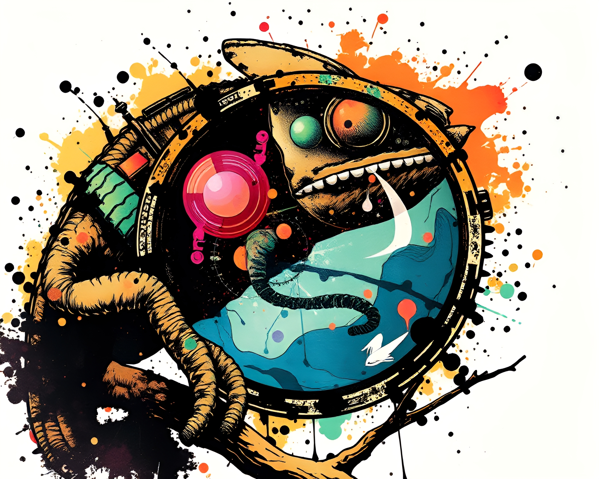 Steampunk Chameleon Amid Ink Splashes – free AI stock image