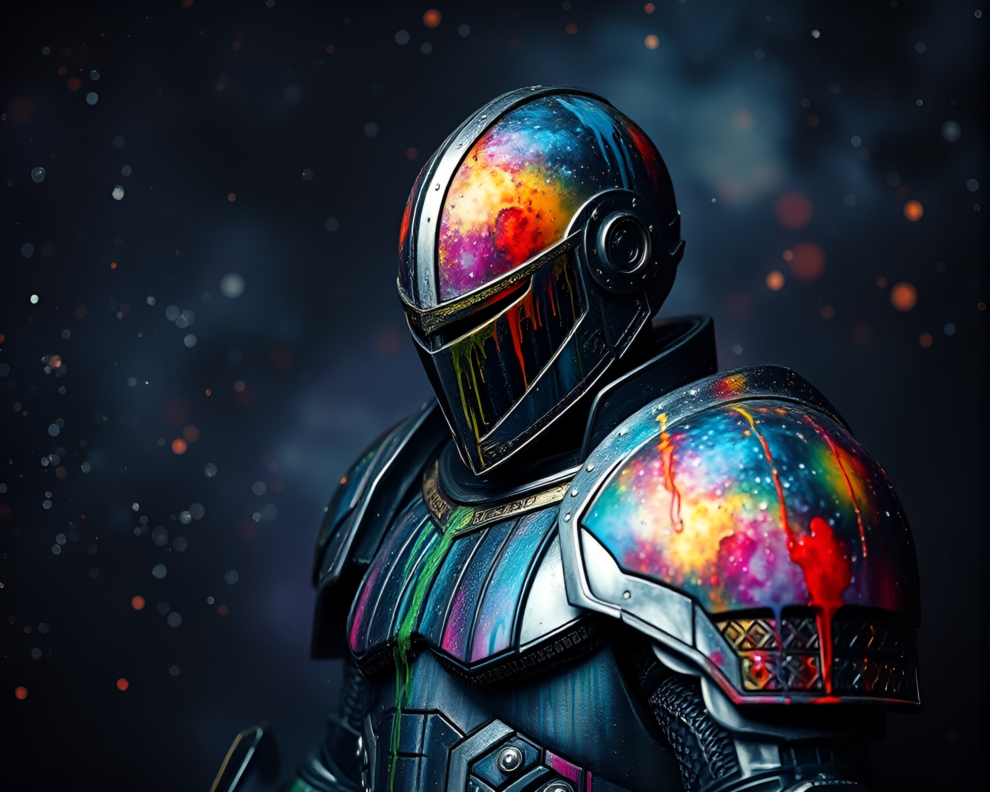 Galactic Knight in Chiaroscuro Armor Amid Paint Drips – free AI stock image