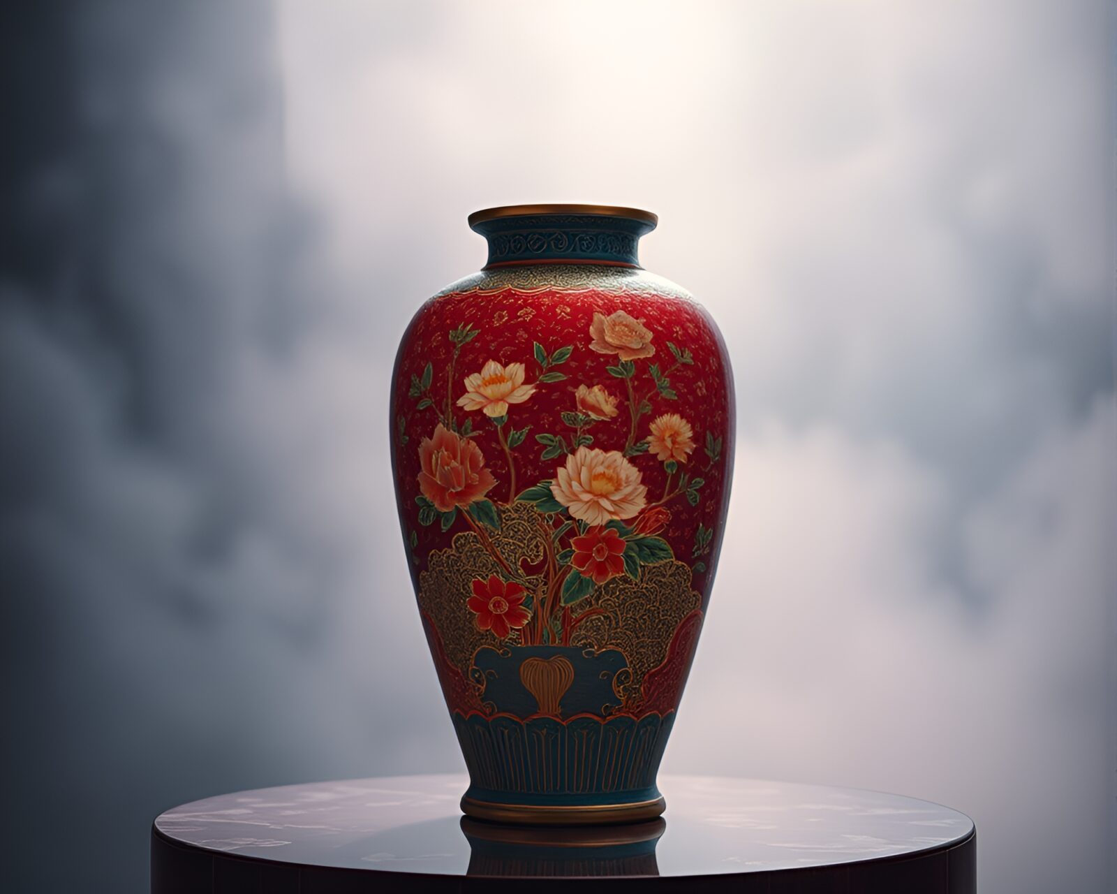 Wide-angle view of a hazy cloisonné vase in futuristic setting