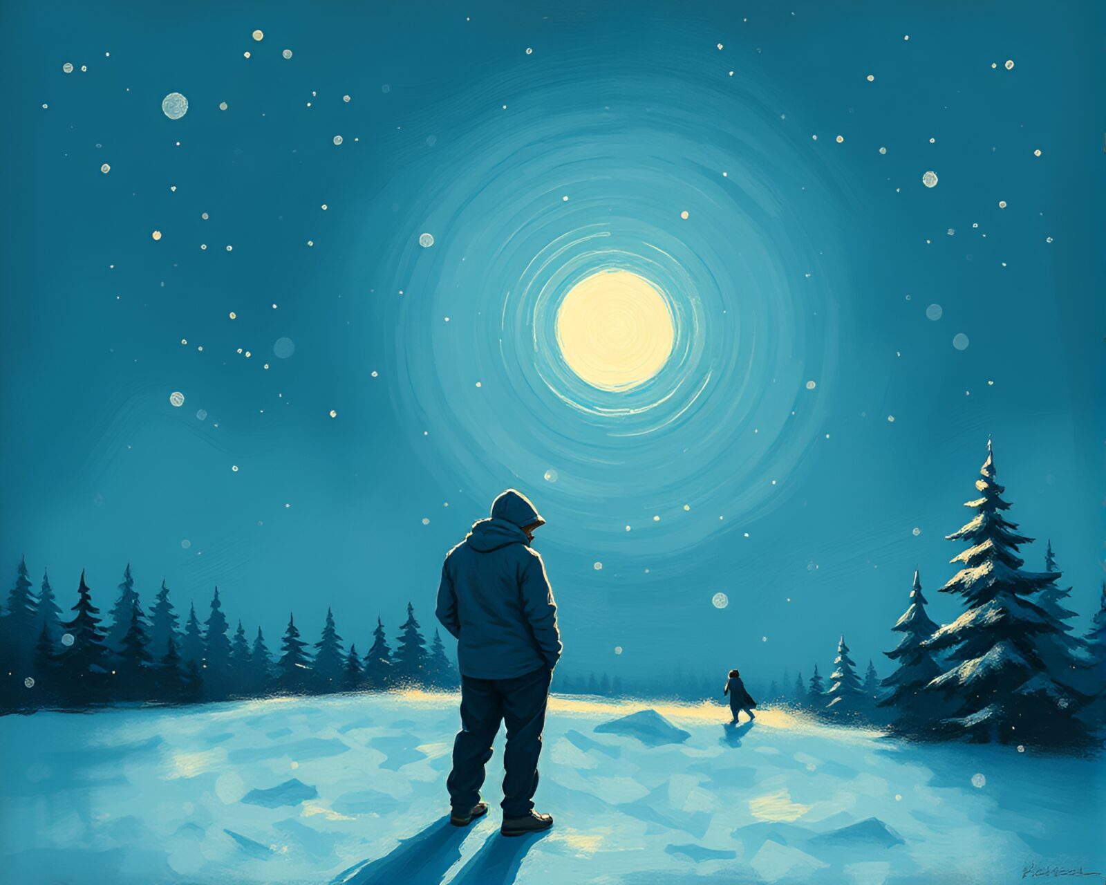 Abstract pointillism art of a candid moment with a compass theme in icy blue hues
