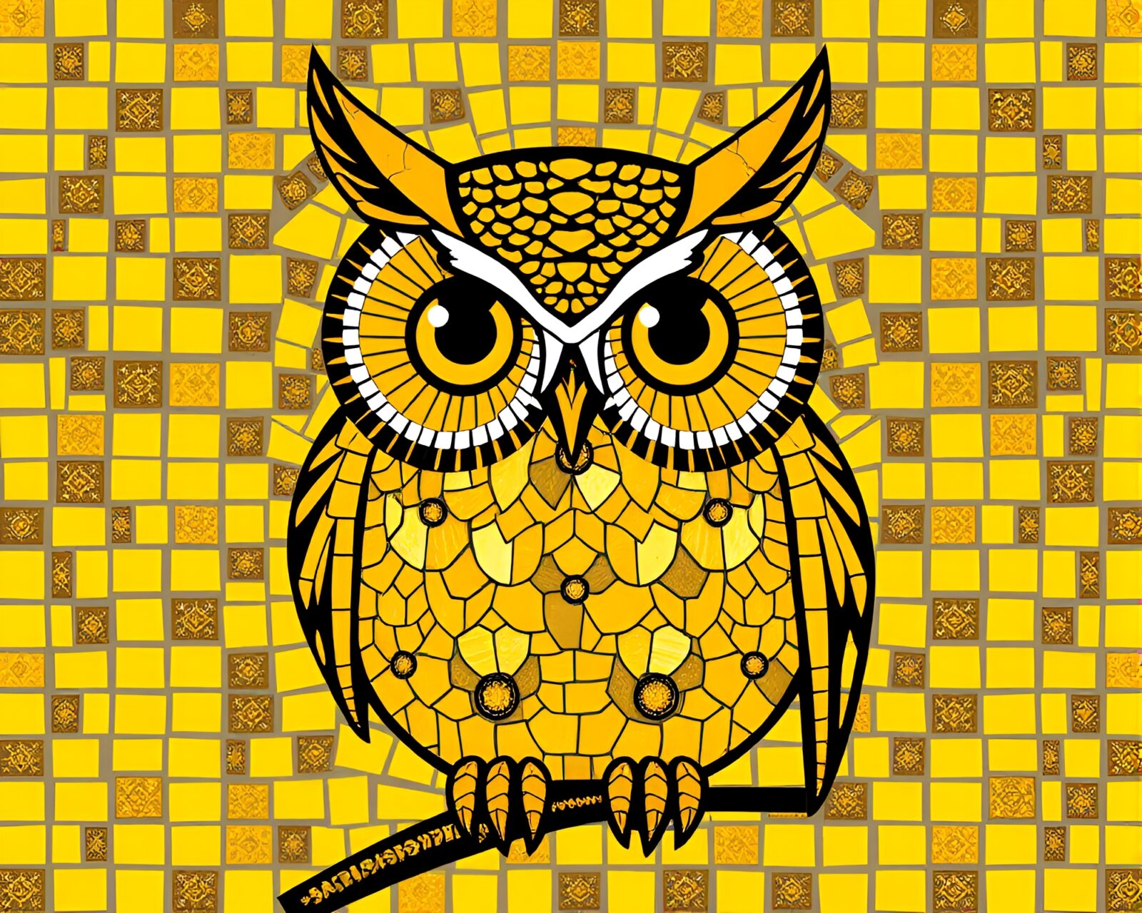 Medium shot of an owl in vibrant mosaic pattern