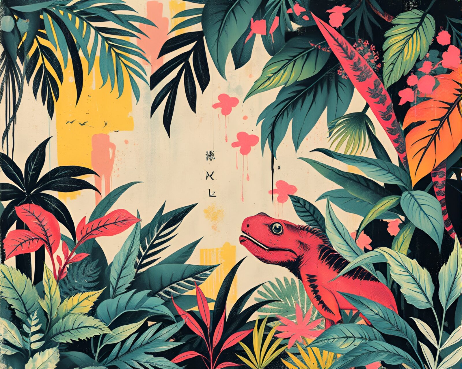Lithographic jungle scene with vibrant graffiti textures overlay
