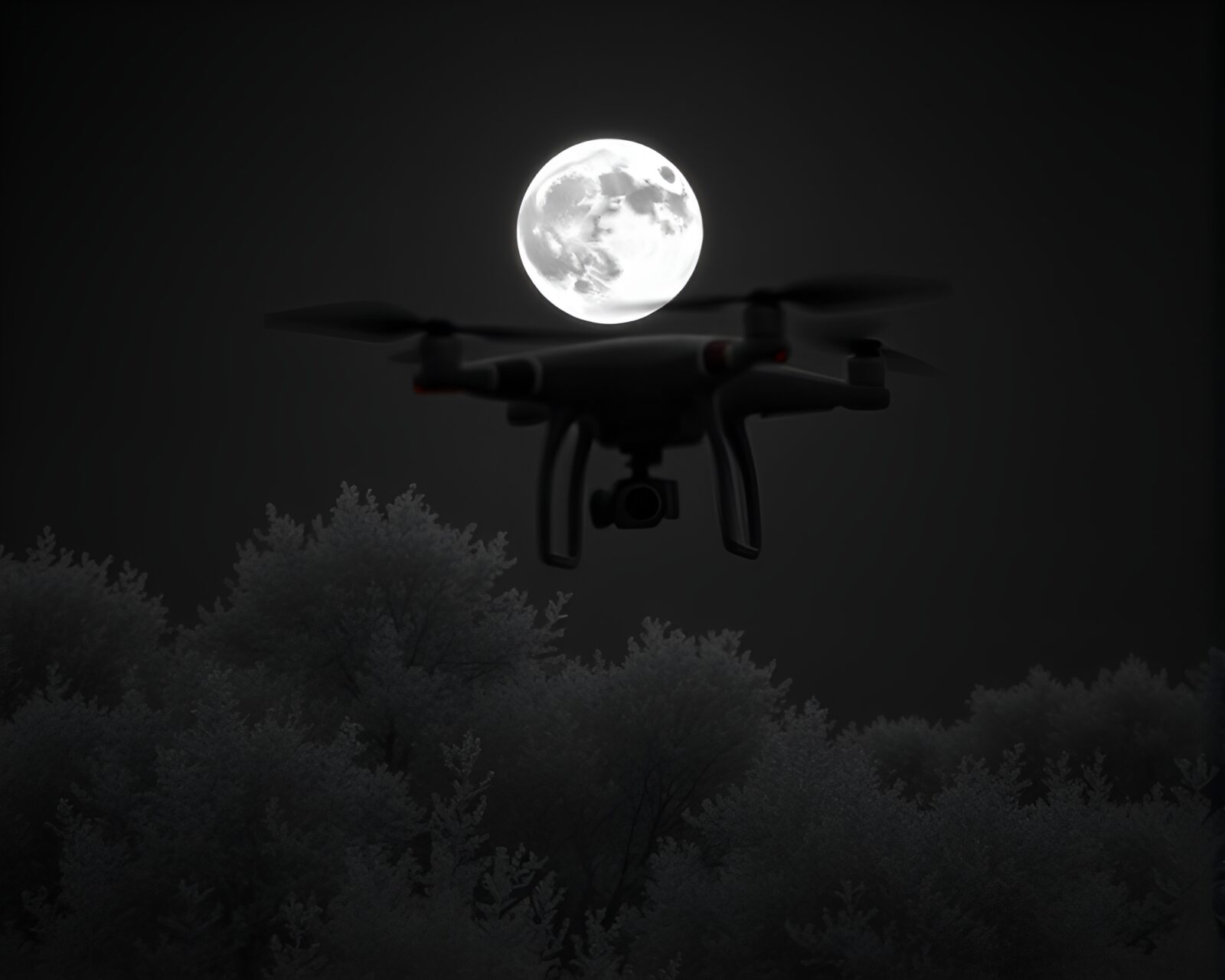Infrared drone photography of grayscale moon-like terrain with optical illusion art