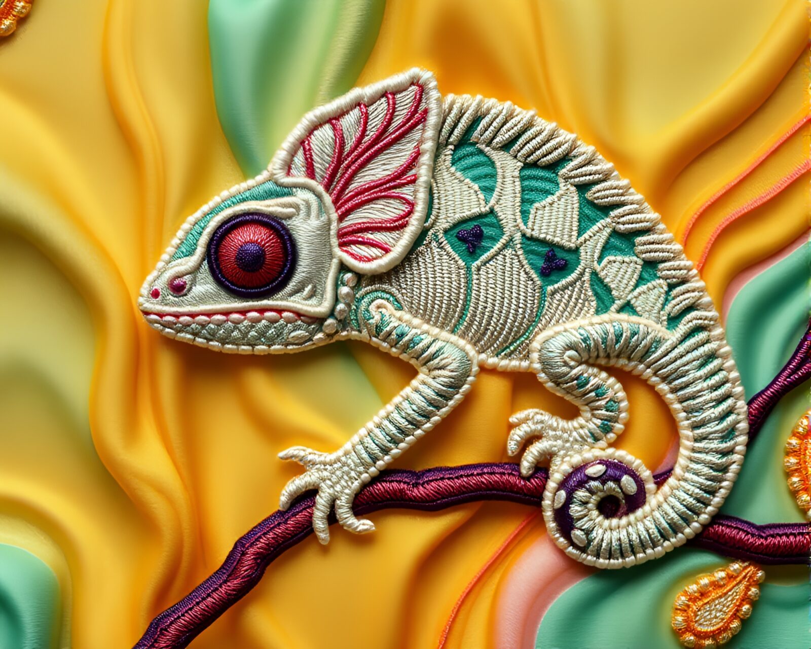 Vibrant chameleon motif with embroidered details in fluid art