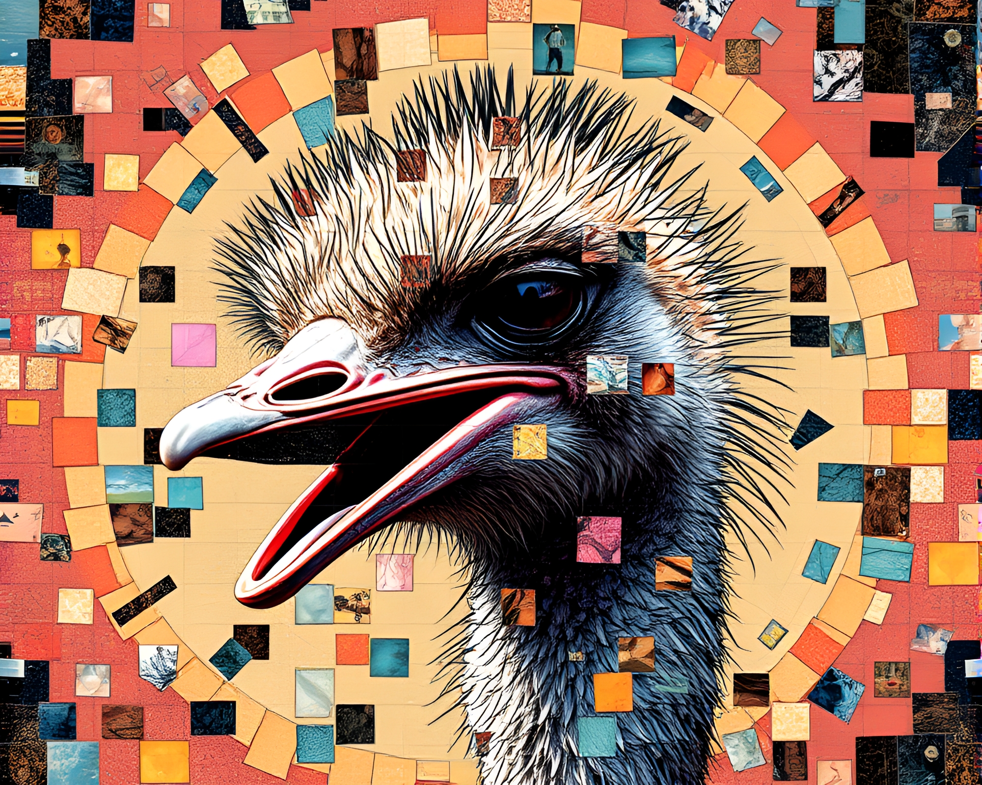 Maximalist Ostrich Mosaic in VHS Distortion – free AI stock image